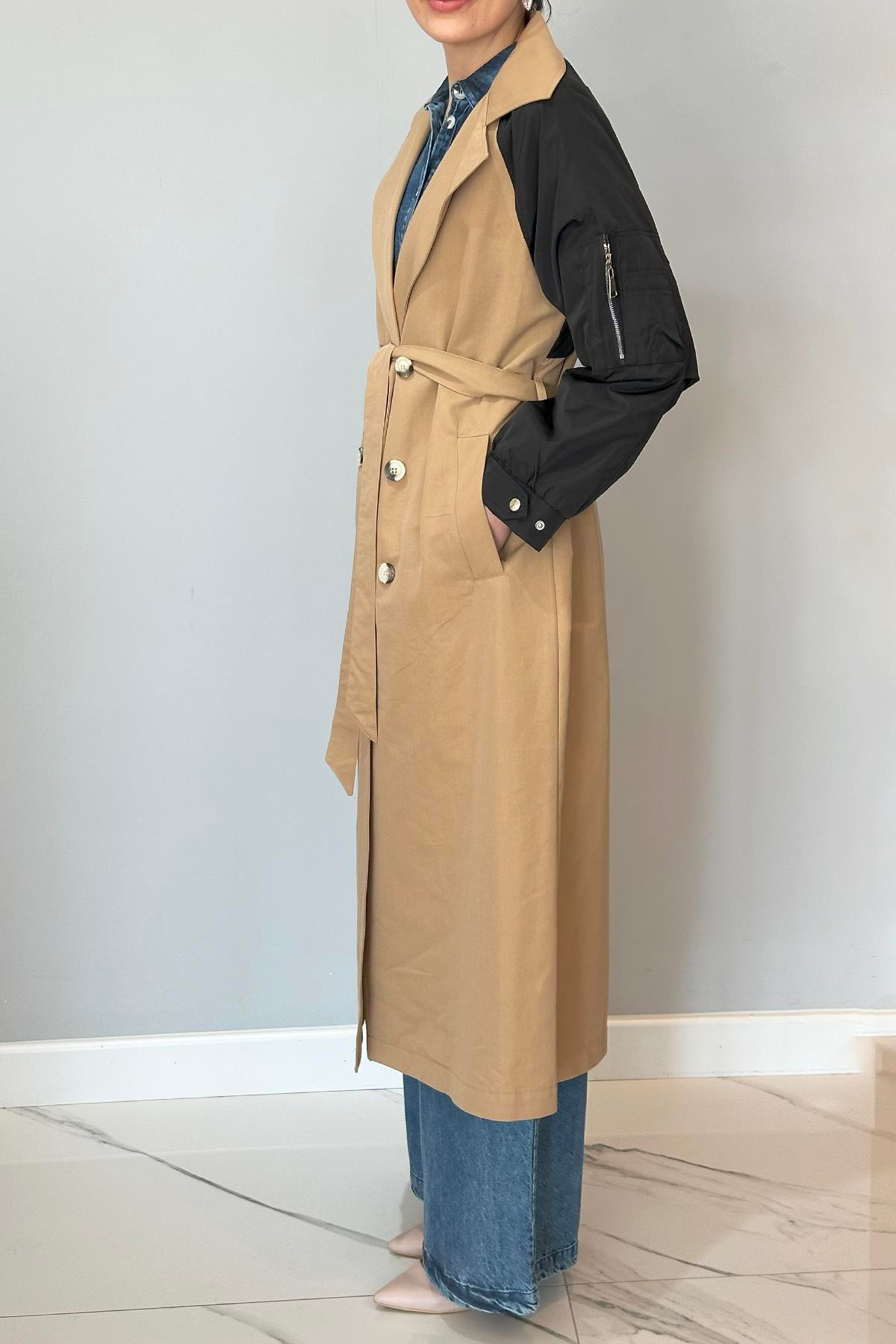Kolu Paraşüt Fermuar Detaylı Trençkot 32138 Camel