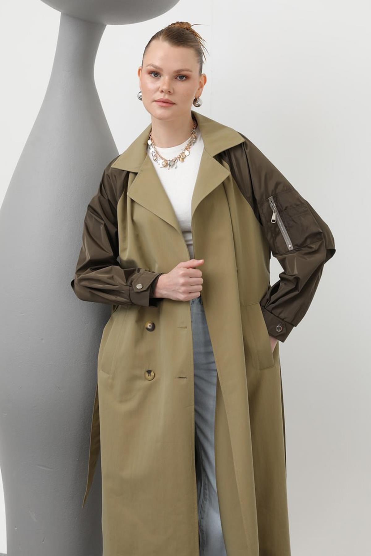 Kolu Paraşüt Fermuar Detaylı Trençkot 32138 Haki