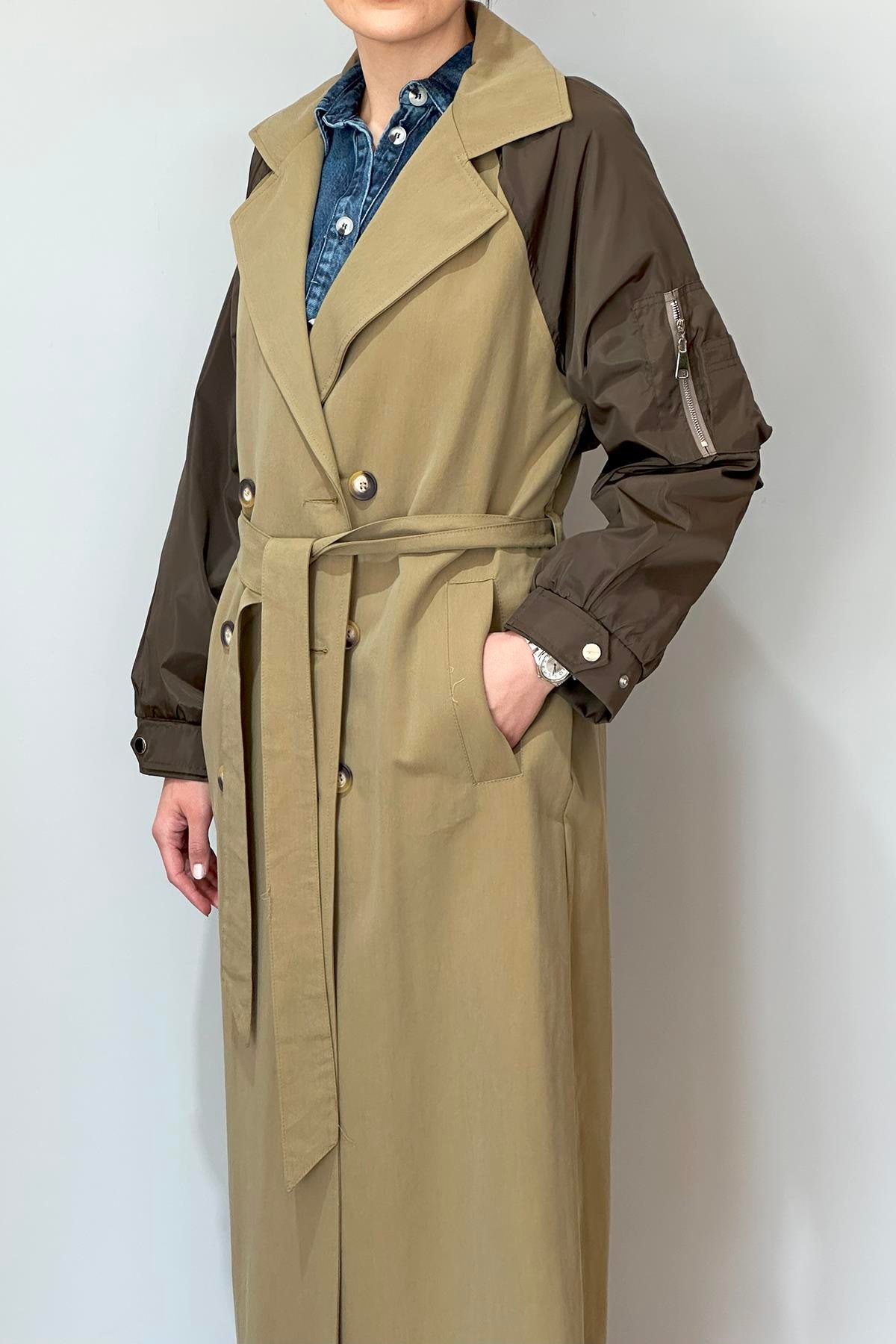 Kolu Paraşüt Fermuar Detaylı Trençkot 32138 Haki