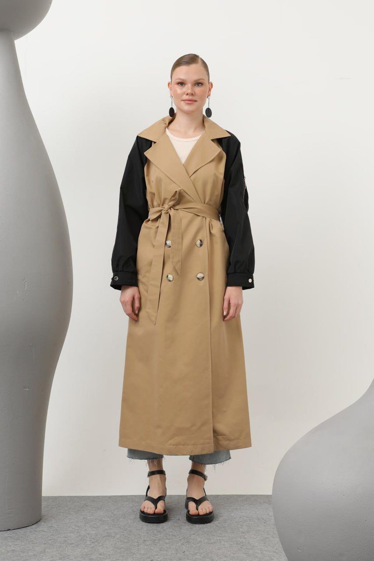 Kolu Paraşüt Fermuar Detaylı Trençkot 32138 Camel