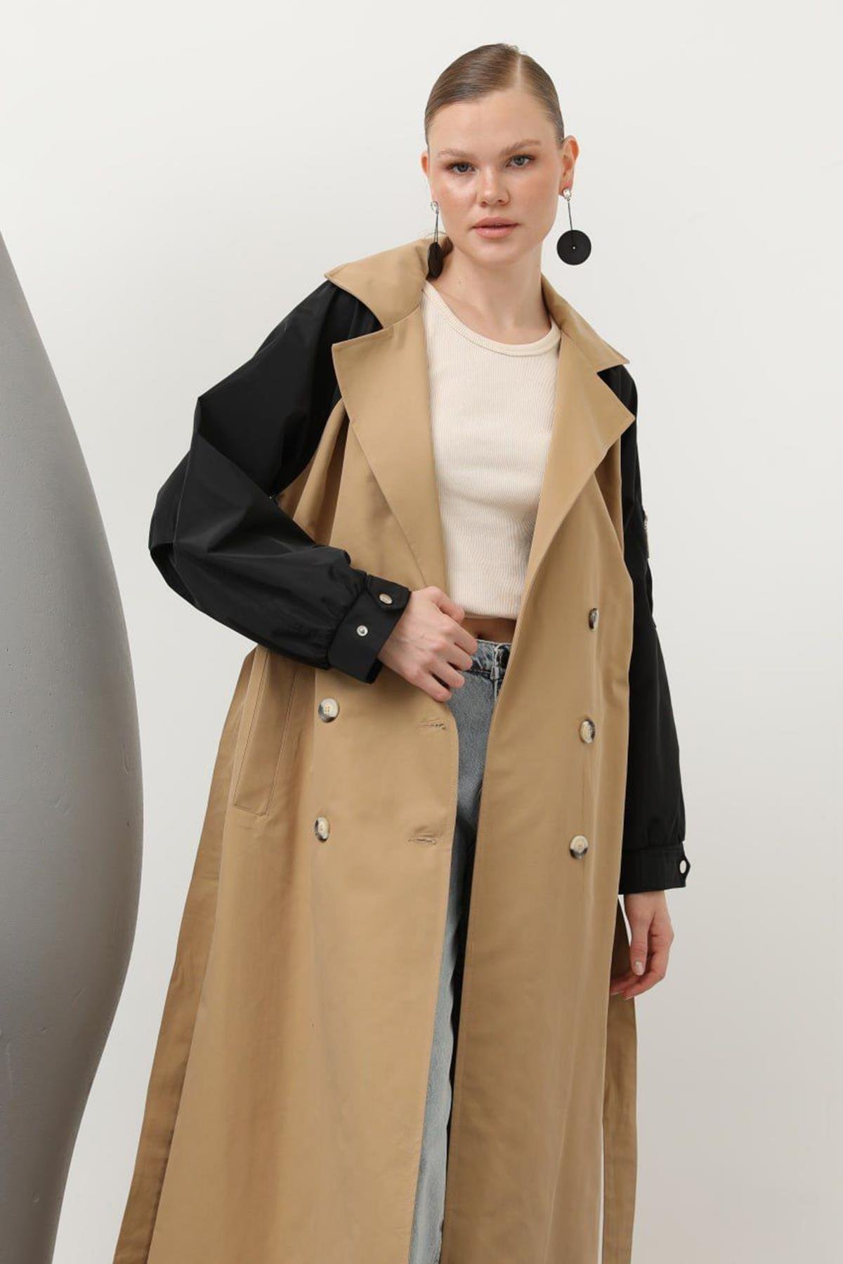 Kolu Paraşüt Fermuar Detaylı Trençkot 32138 Camel
