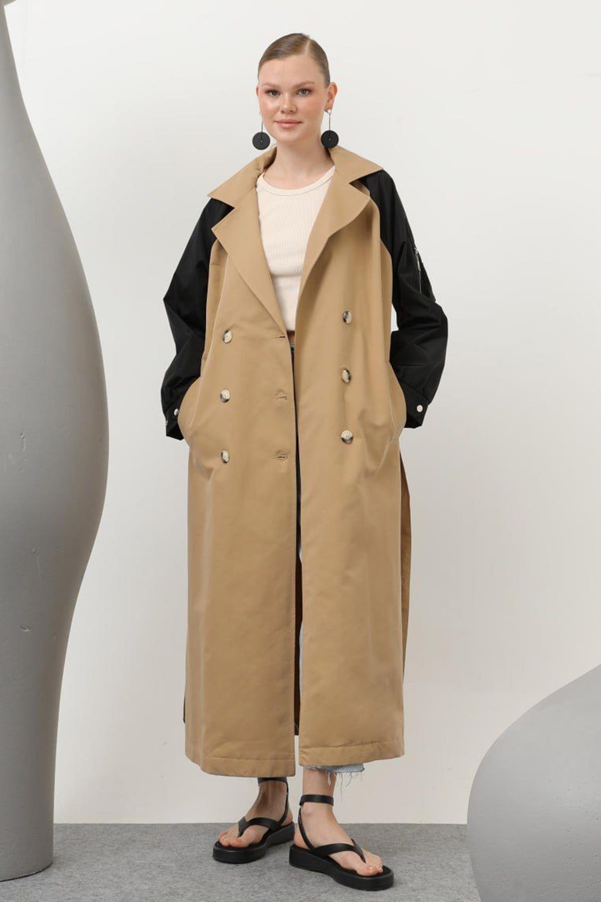Kolu Paraşüt Fermuar Detaylı Trençkot 32138 Camel