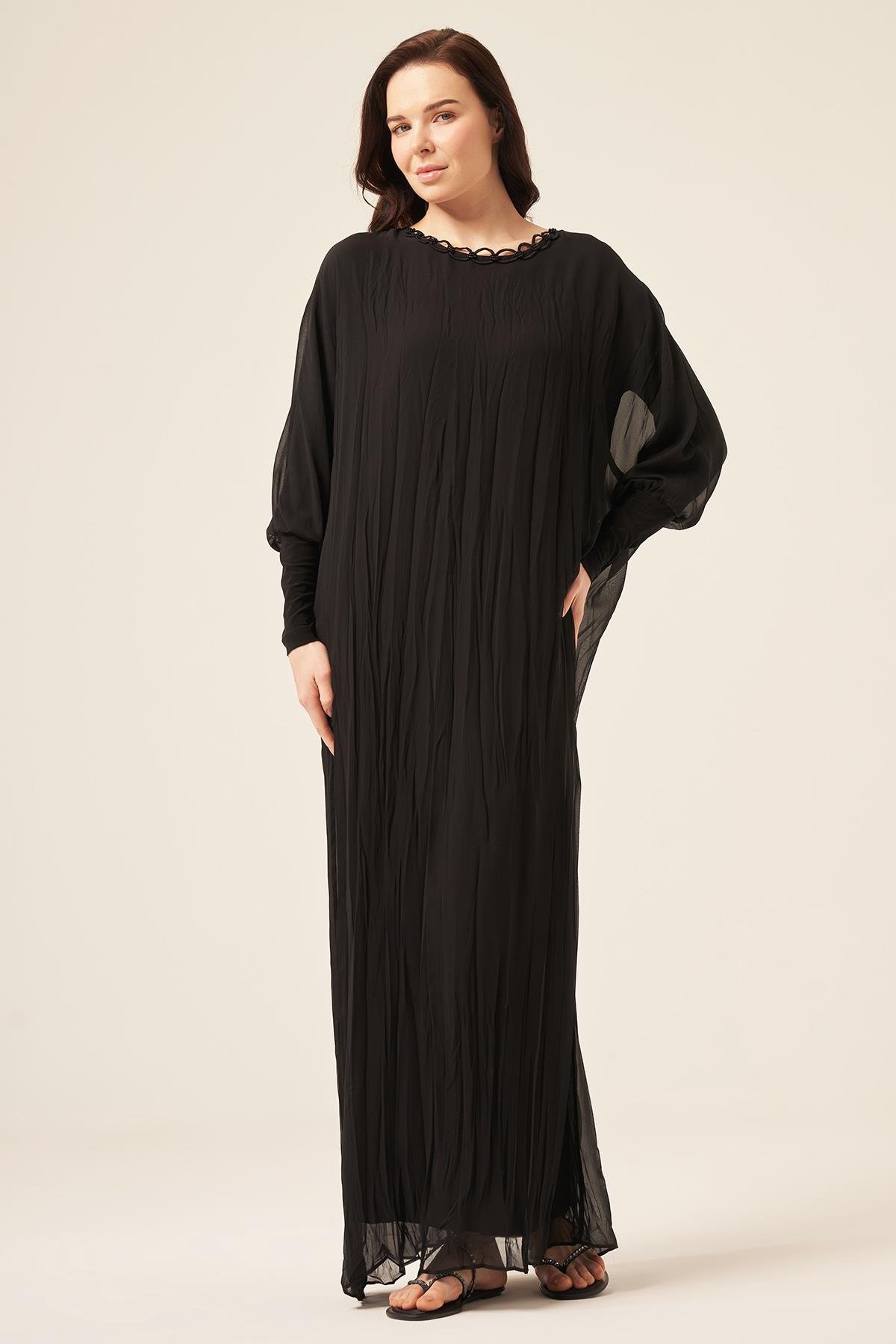 Kolu Sandy Detaylı Kraşlı Şifon Elbise 5717 Siyah