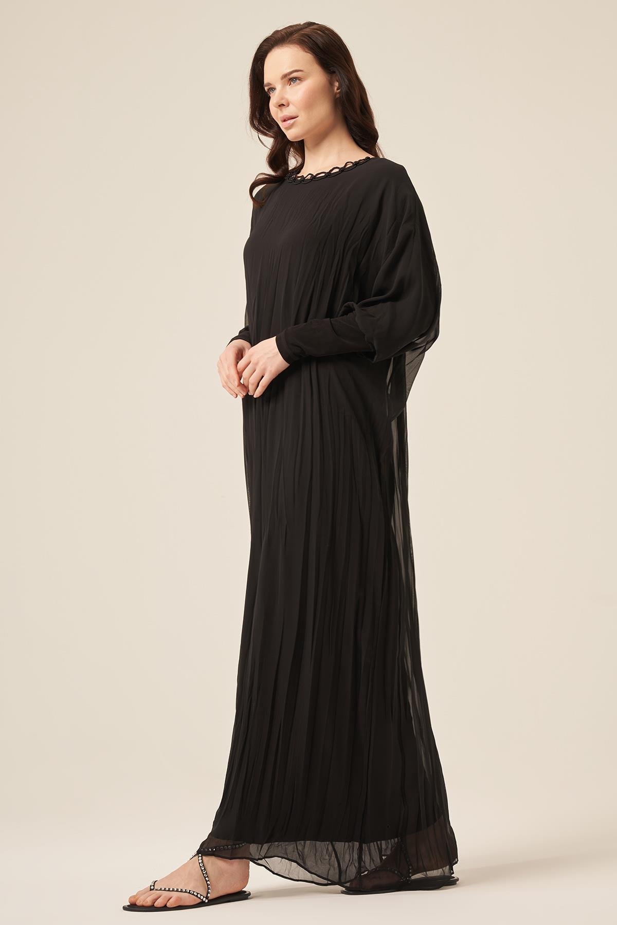 Kolu Sandy Detaylı Kraşlı Şifon Elbise 5717 Siyah