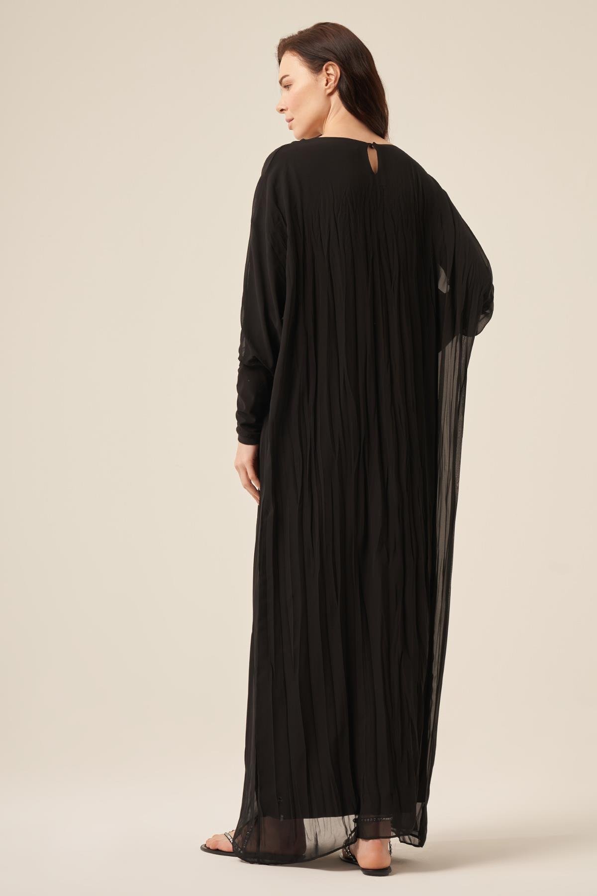 Kolu Sandy Detaylı Kraşlı Şifon Elbise 5717 Siyah