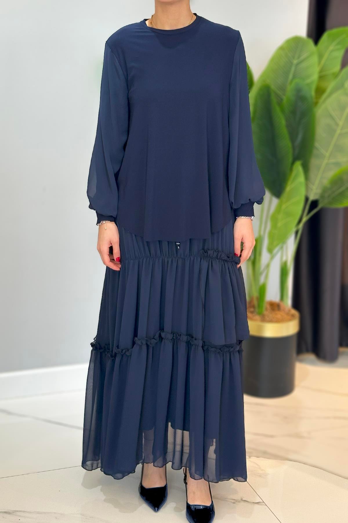 Kolu Şifon Eteği Fırfırlı ve Kraşlı Sandy Takım 5999 Lacivert