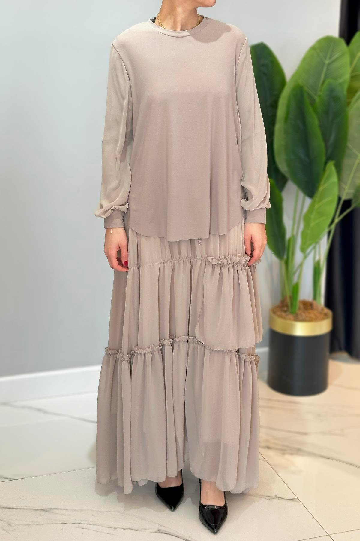 Kolu Şifon Eteği Fırfırlı ve Kraşlı Sandy Takım 5999 Bej