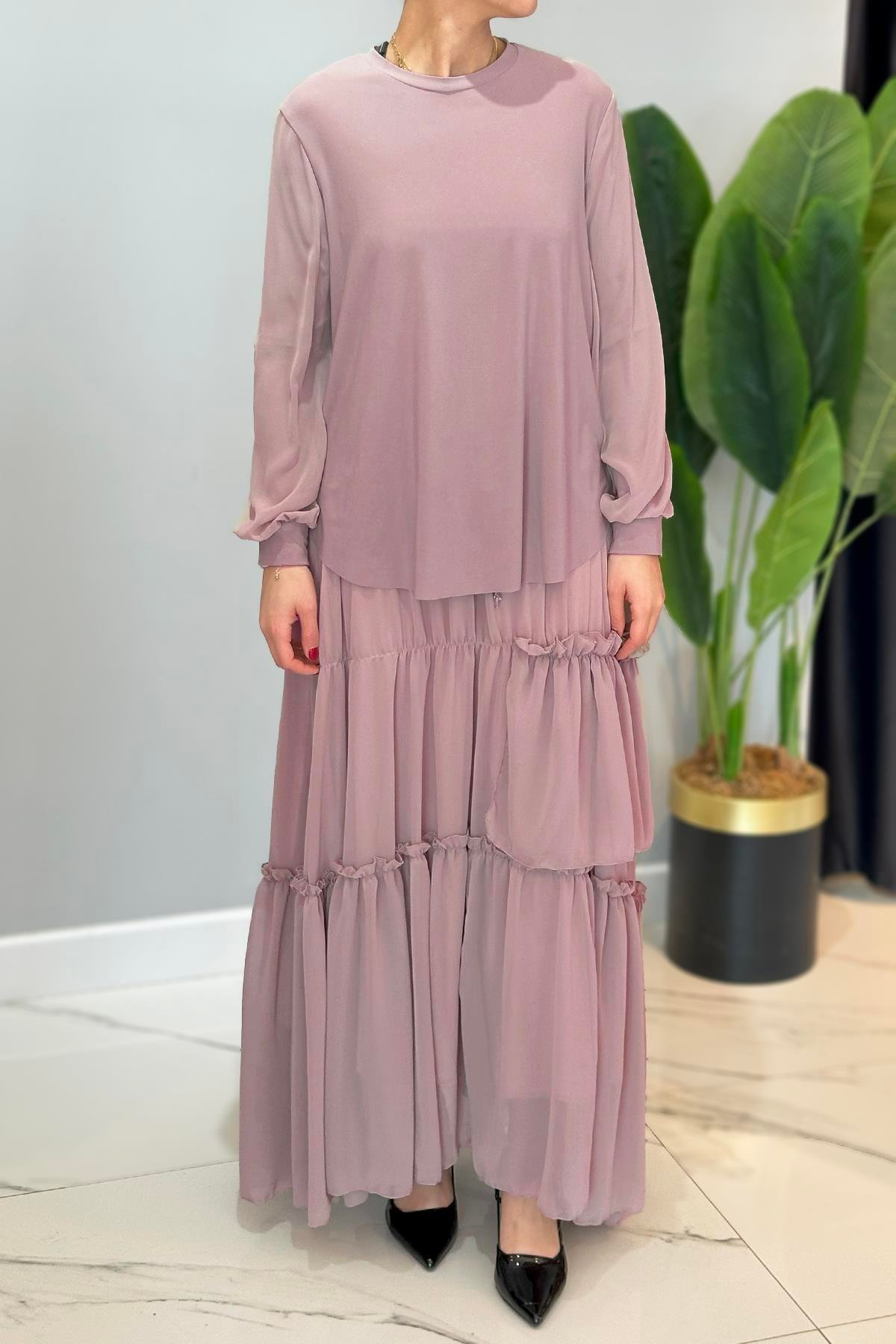 Kolu Şifon Eteği Fırfırlı ve Kraşlı Sandy Takım 5999 Pembe