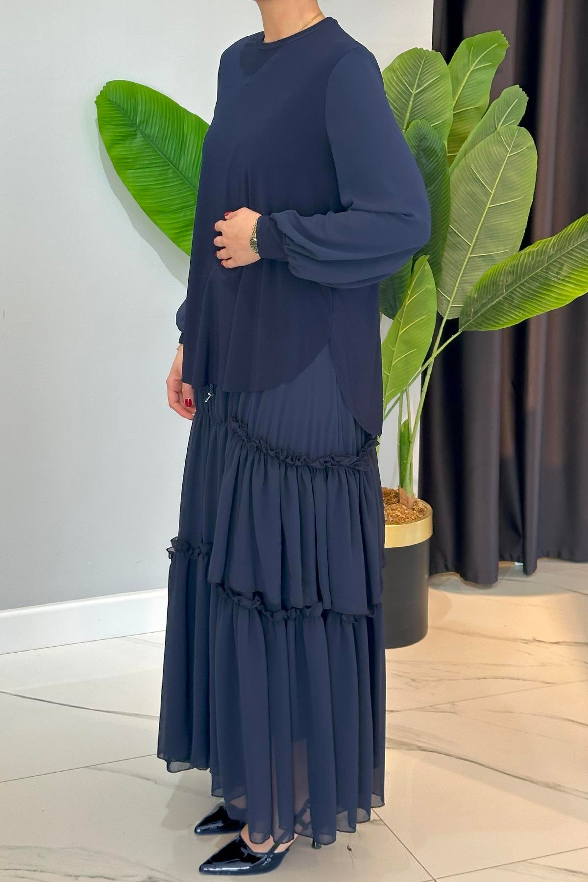 Kolu Şifon Eteği Fırfırlı ve Kraşlı Sandy Takım 5999 Lacivert