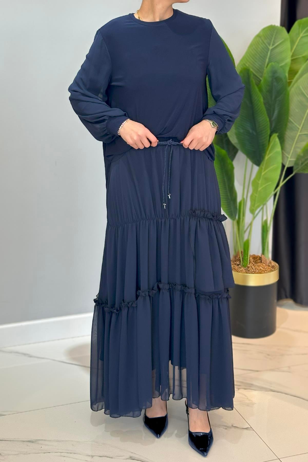 Kolu Şifon Eteği Fırfırlı ve Kraşlı Sandy Takım 5999 Lacivert