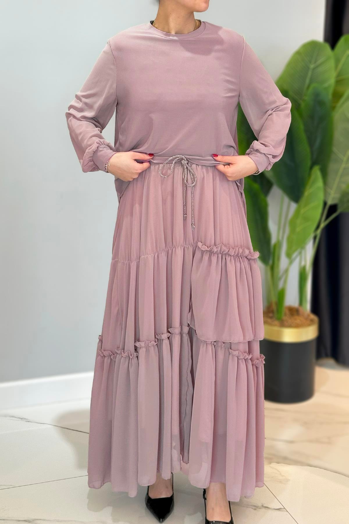 Kolu Şifon Eteği Fırfırlı ve Kraşlı Sandy Takım 5999 Pembe