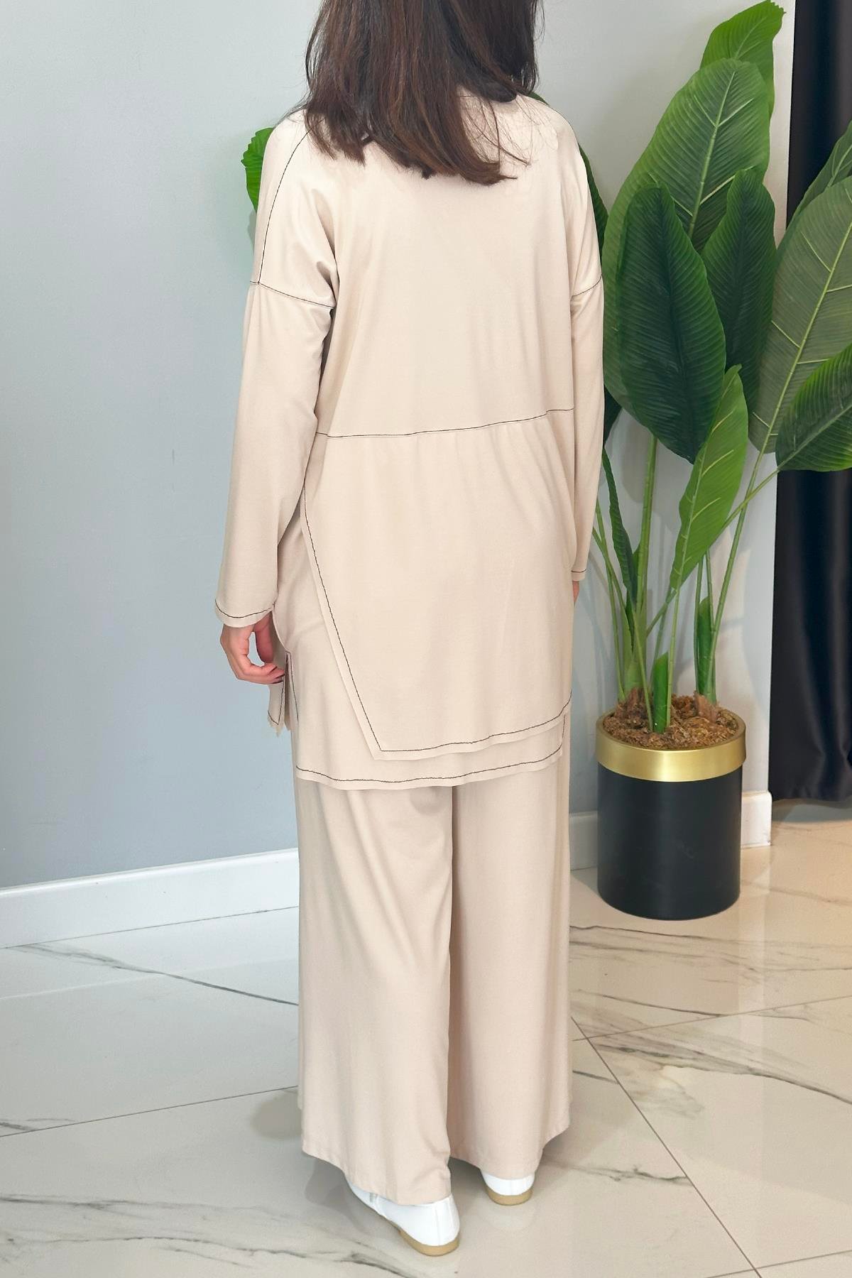 Kontrast Dikişli Allerli Bambu Pantolon Takım 5991 Bej
