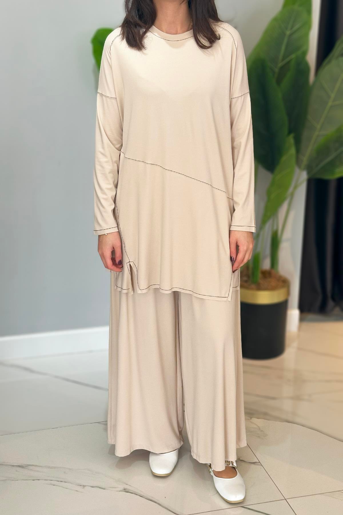 Kontrast Dikişli Allerli Bambu Pantolon Takım 5991 Bej