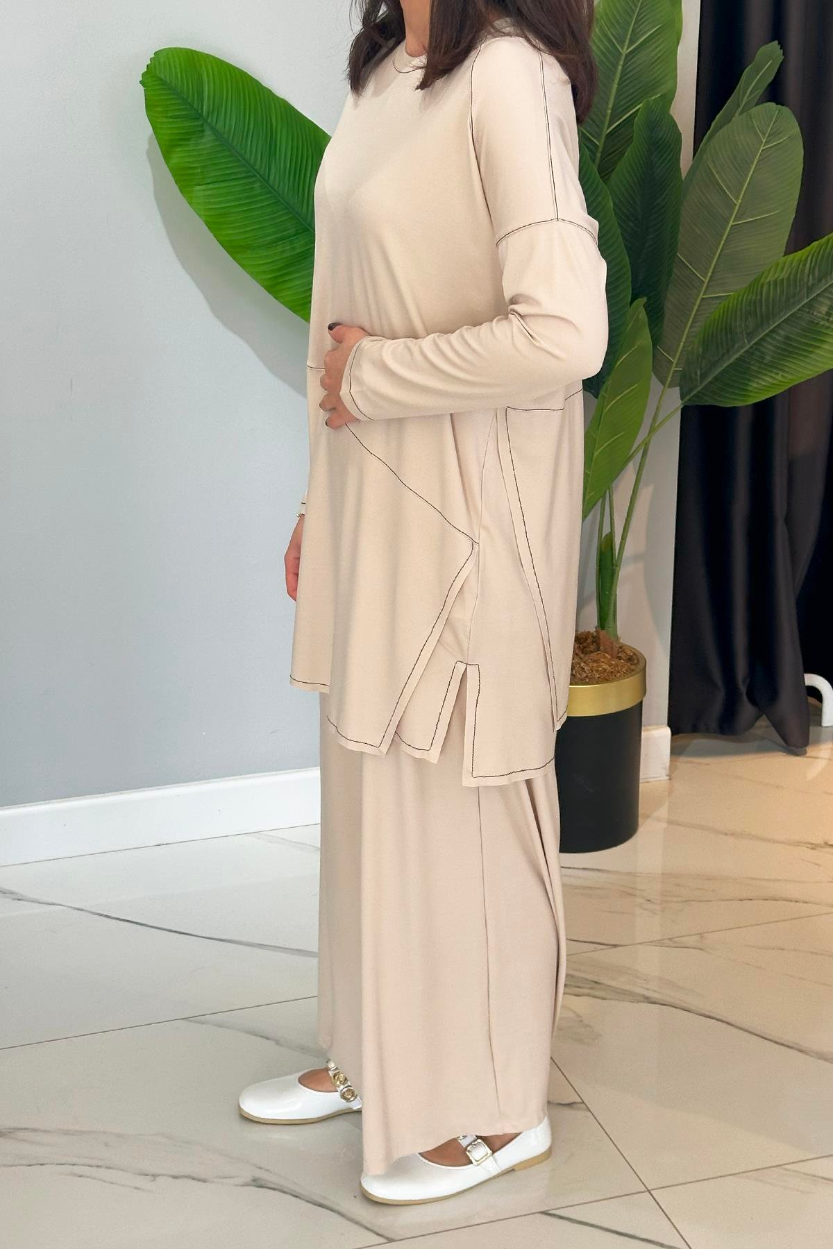 Kontrast Dikişli Allerli Bambu Pantolon Takım 5991 Bej