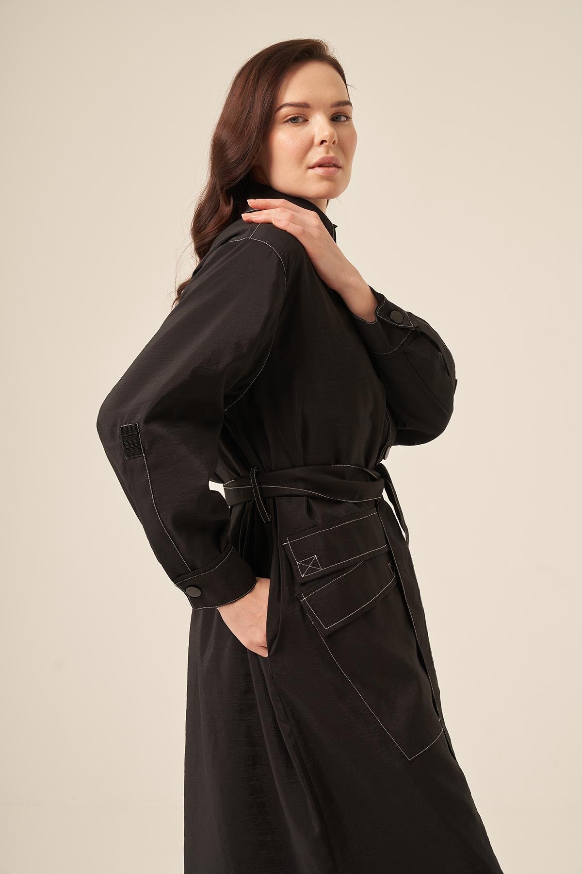 Kontrast Dikişli Önü Çıtçıtlı Tek Cepli Gömlek Kap 5892 Siyah