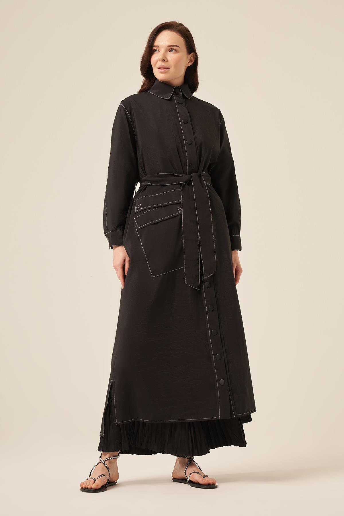 Kontrast Dikişli Önü Çıtçıtlı Tek Cepli Gömlek Kap 5892 Siyah