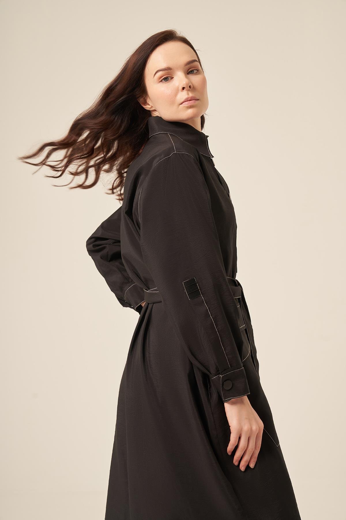 Kontrast Dikişli Önü Çıtçıtlı Tek Cepli Gömlek Kap 5892 Siyah