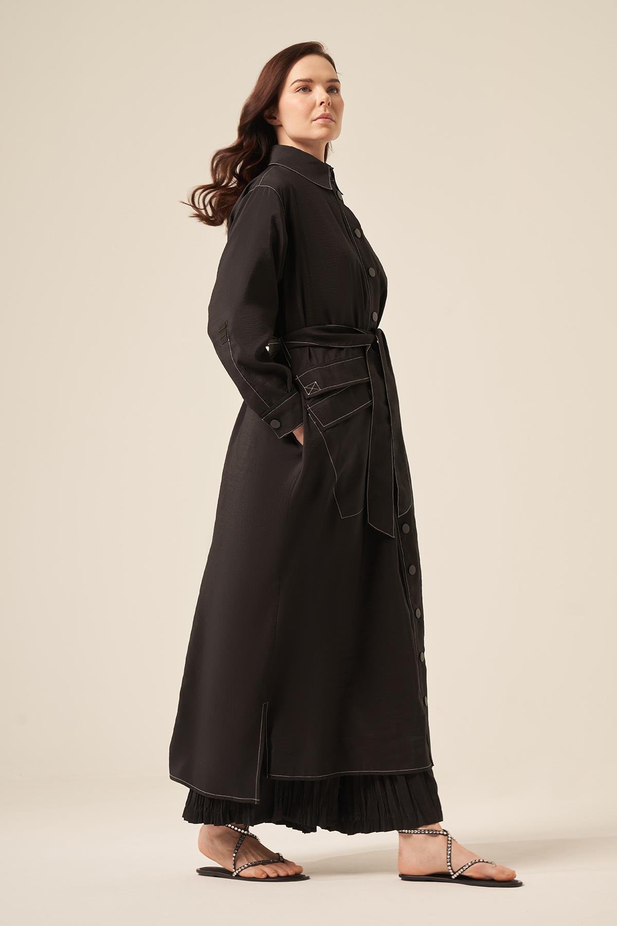 Kontrast Dikişli Önü Çıtçıtlı Tek Cepli Gömlek Kap 5892 Siyah