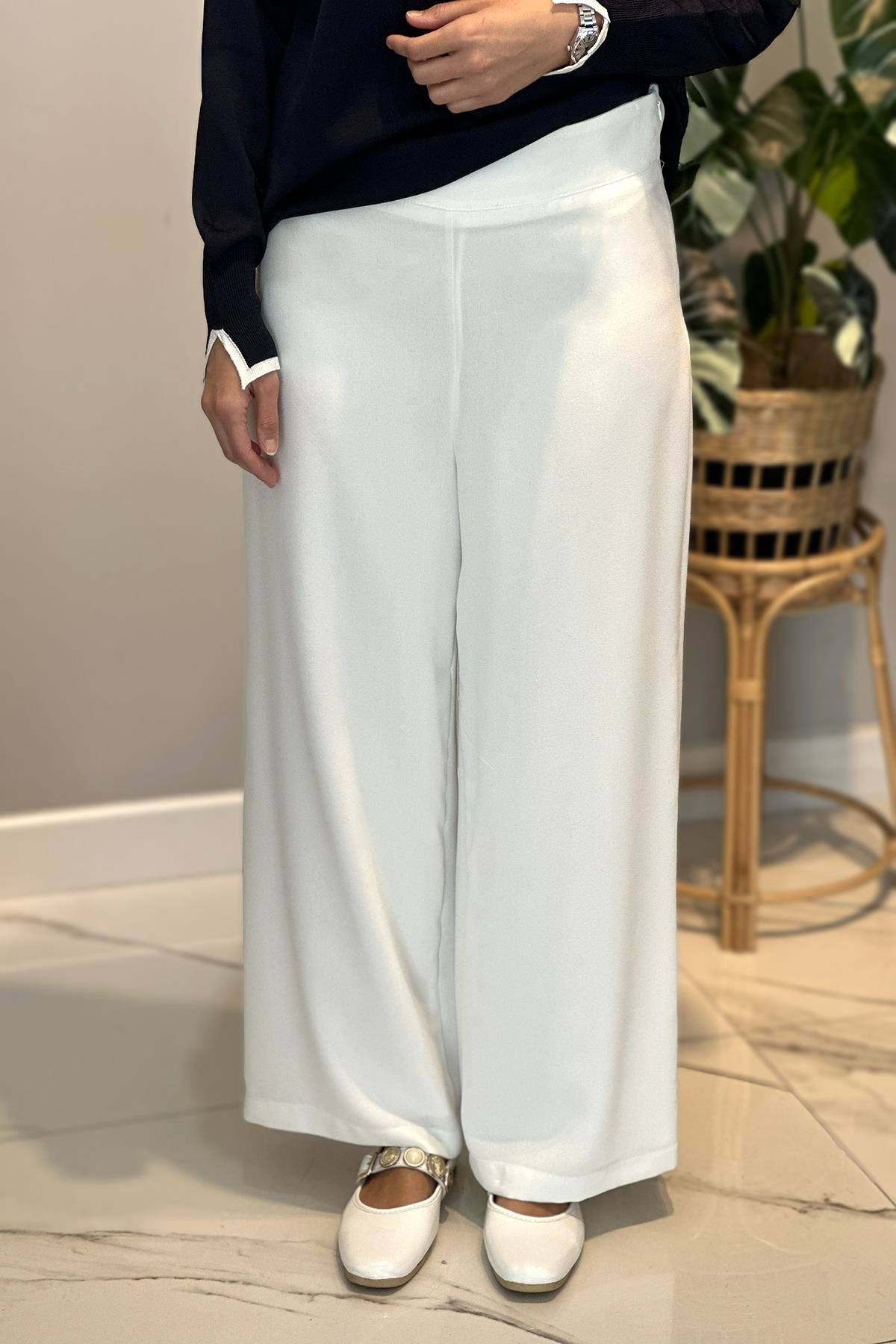 Krep Kumaş Bol Paça Pantolon 16008 Ekru