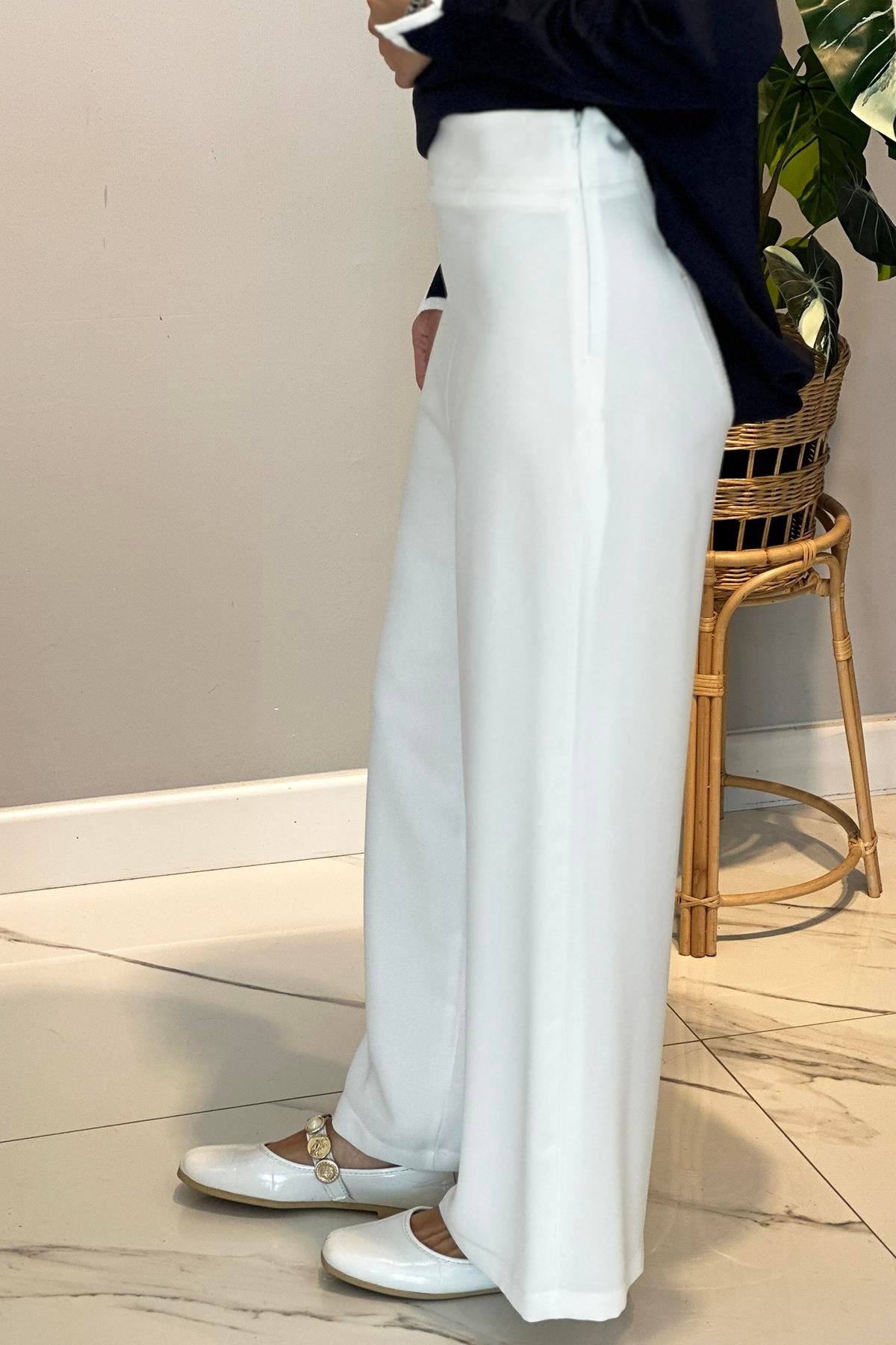 Krep Kumaş Bol Paça Pantolon 16008 Ekru