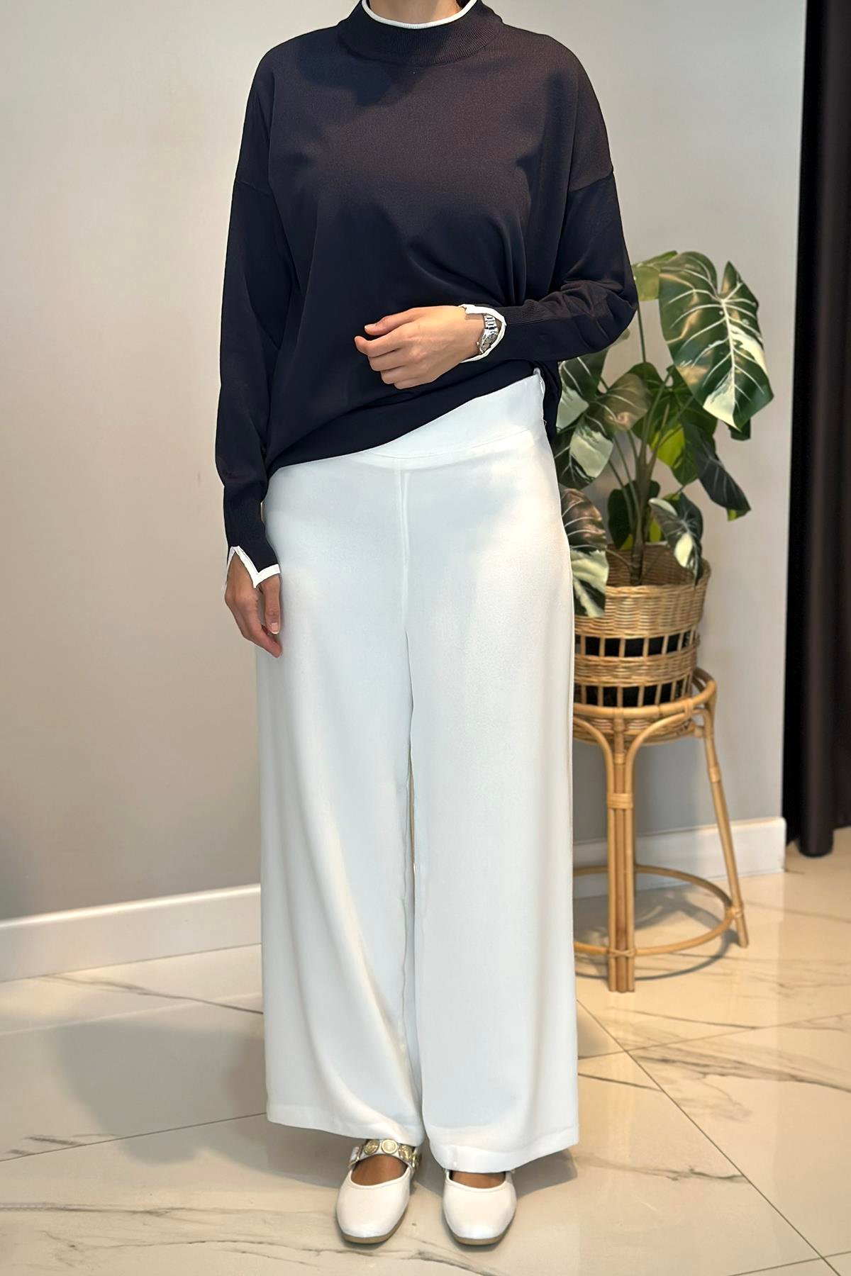 Krep Kumaş Bol Paça Pantolon 16008 Ekru