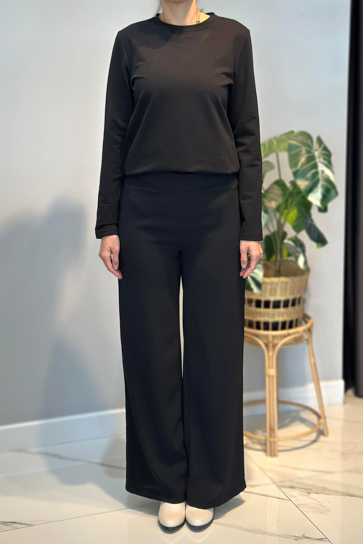 Krep Kumaş Bol Paça Pantolon 16008 Siyah