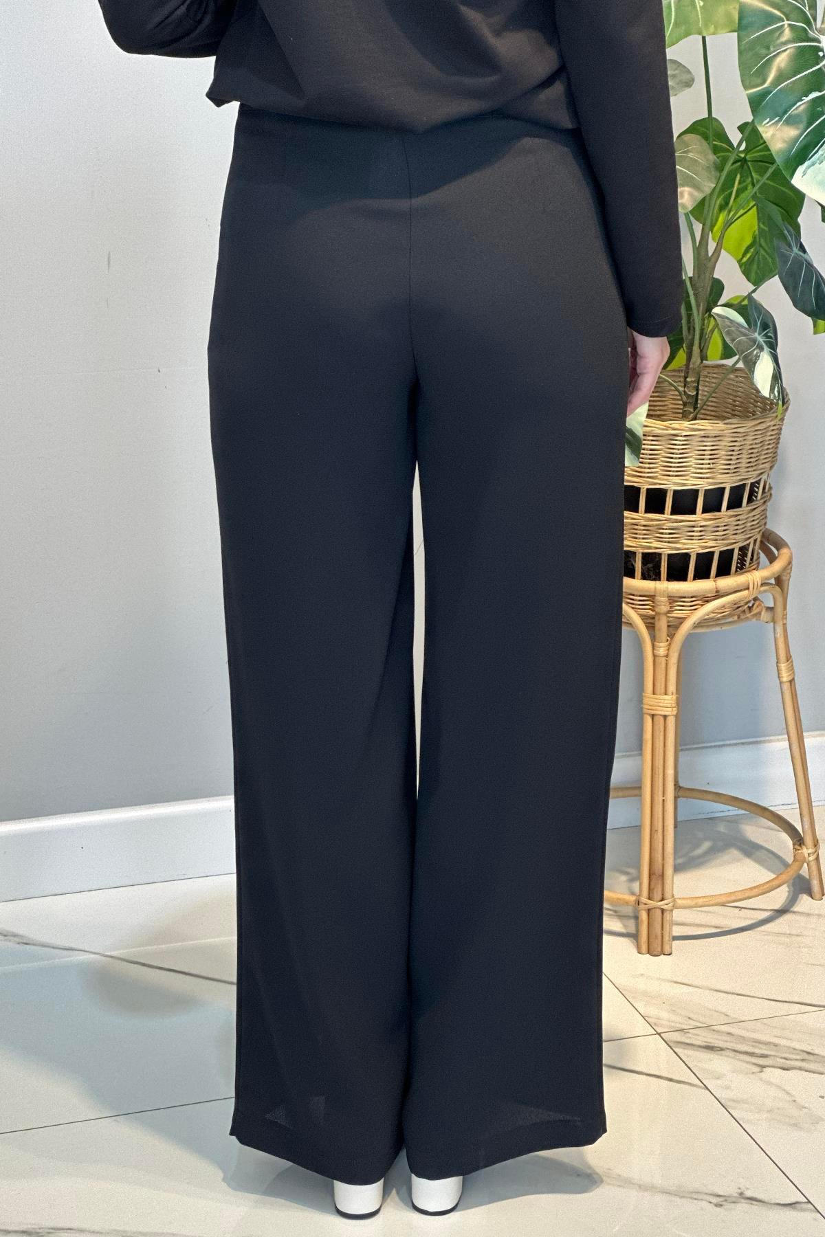 Krep Kumaş Bol Paça Pantolon 16008 Siyah