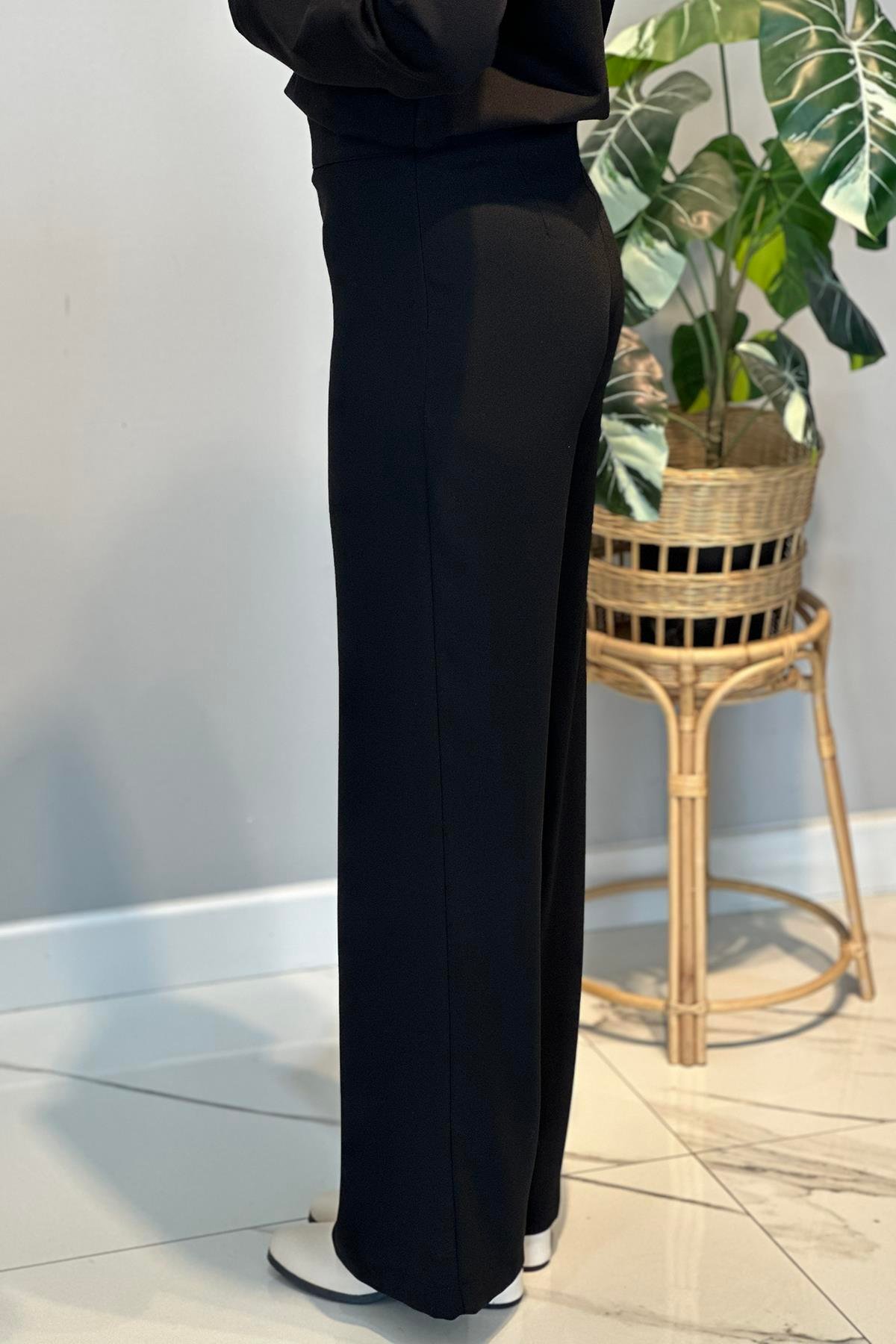 Krep Kumaş Bol Paça Pantolon 16008 Siyah