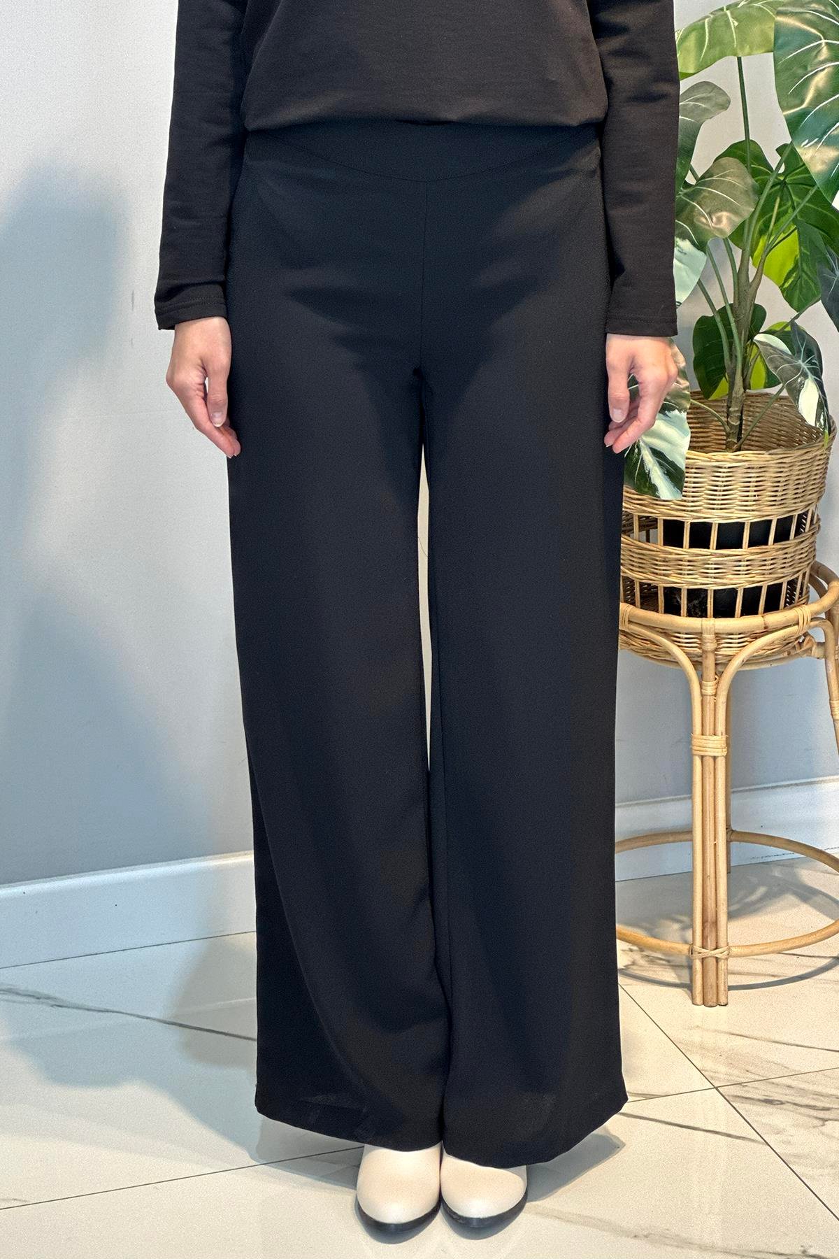 Krep Kumaş Bol Paça Pantolon 16008 Siyah