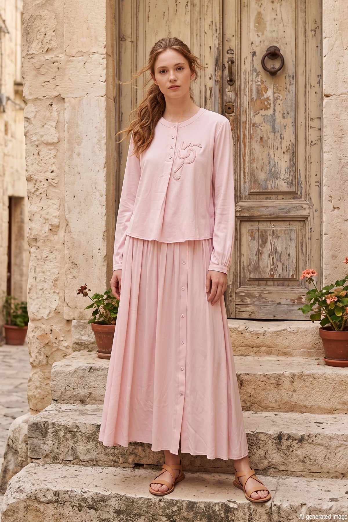 Kristal işlemeli Etekli Modal Takım 918 Pembe