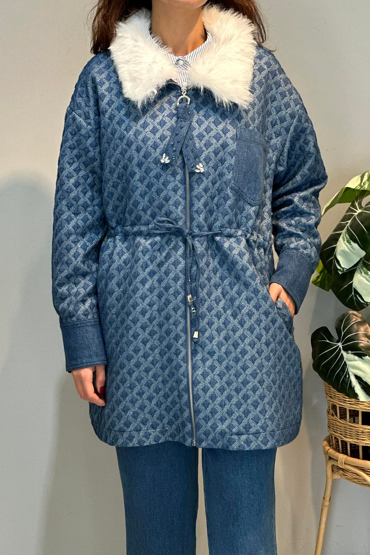 Kürk Detay Fermuar Detay Kapitone Bomber Ceket 14268 Mavi