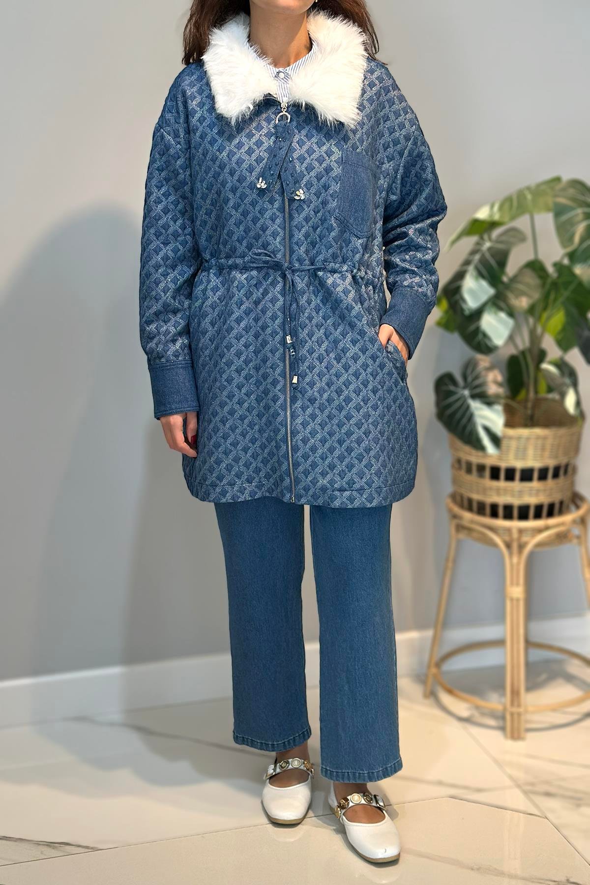 Kürk Detay Fermuar Detay Kapitone Bomber Ceket 14268 Mavi