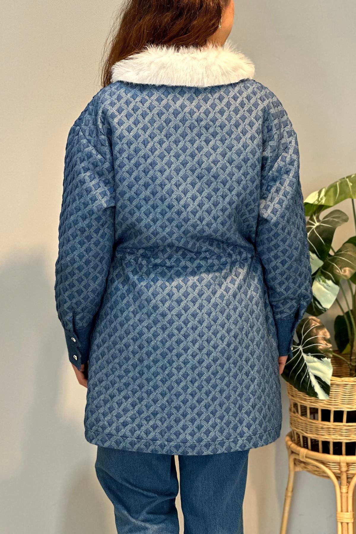 Kürk Detay Fermuar Detay Kapitone Bomber Ceket 14268 Mavi