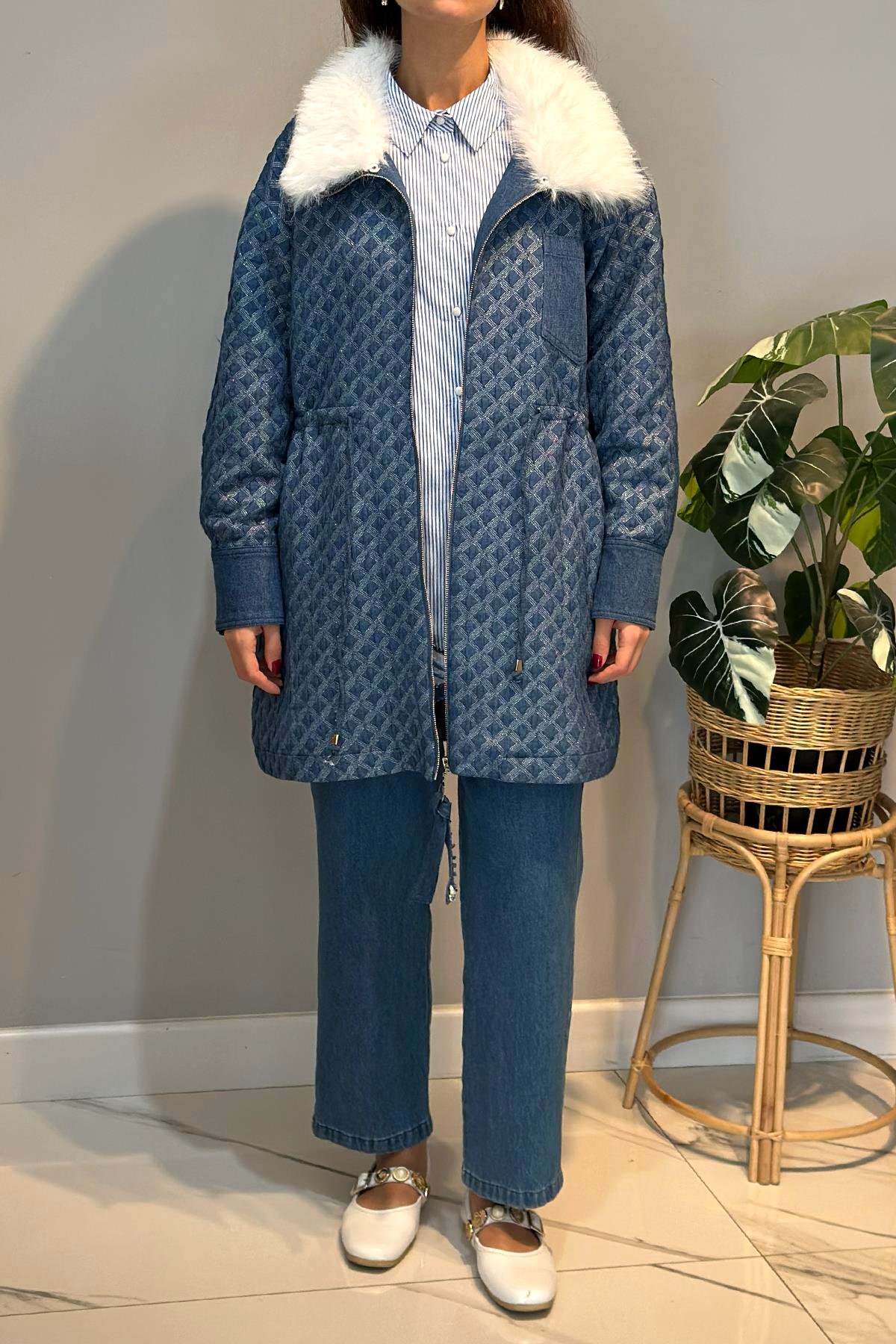 Kürk Detay Fermuar Detay Kapitone Bomber Ceket 14268 Mavi