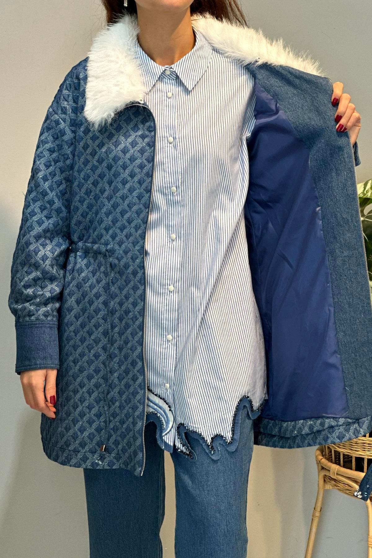 Kürk Detay Fermuar Detay Kapitone Bomber Ceket 14268 Mavi