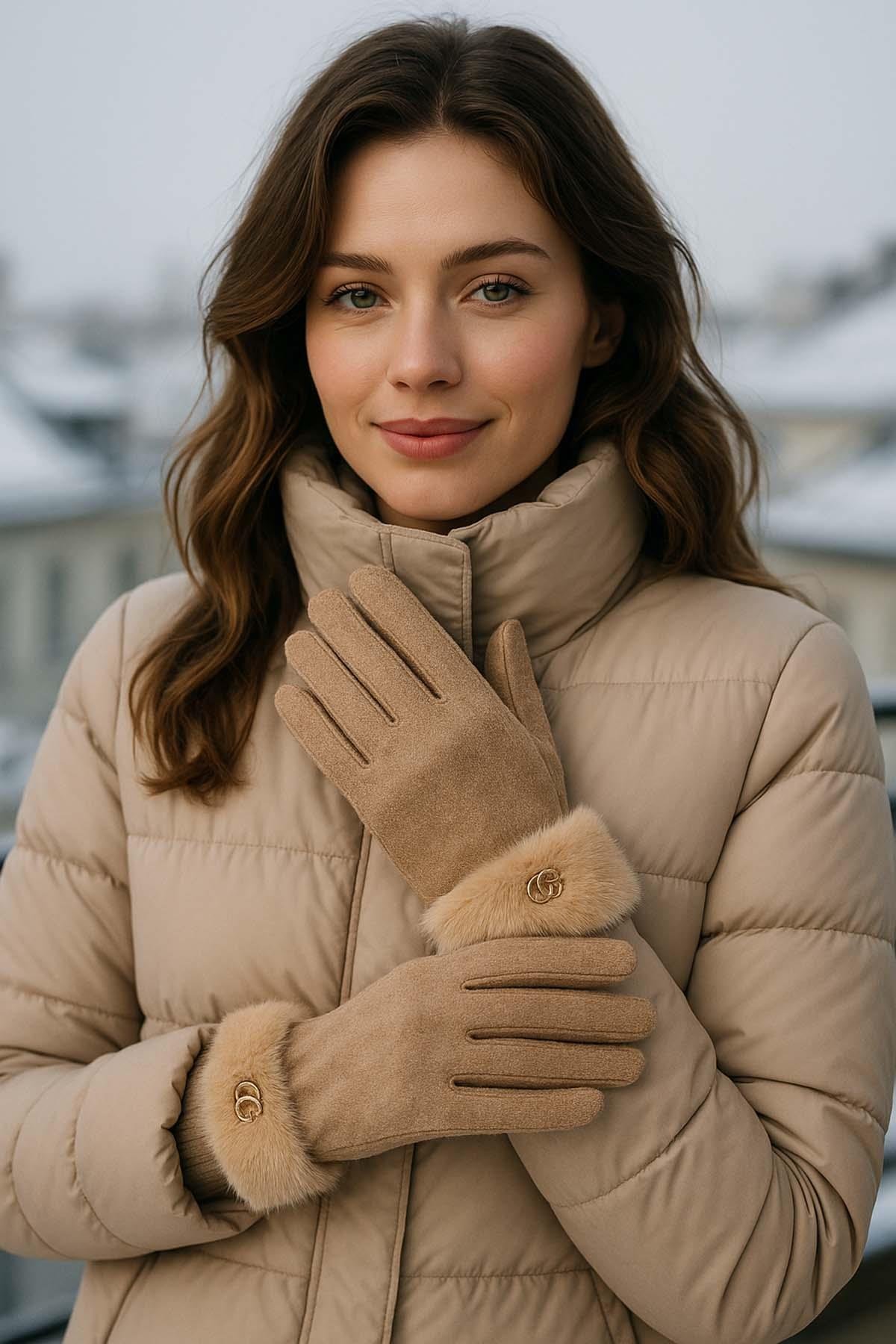 Kürk Detay Kadın Kaşe Eldiven ELD-29 Vizon