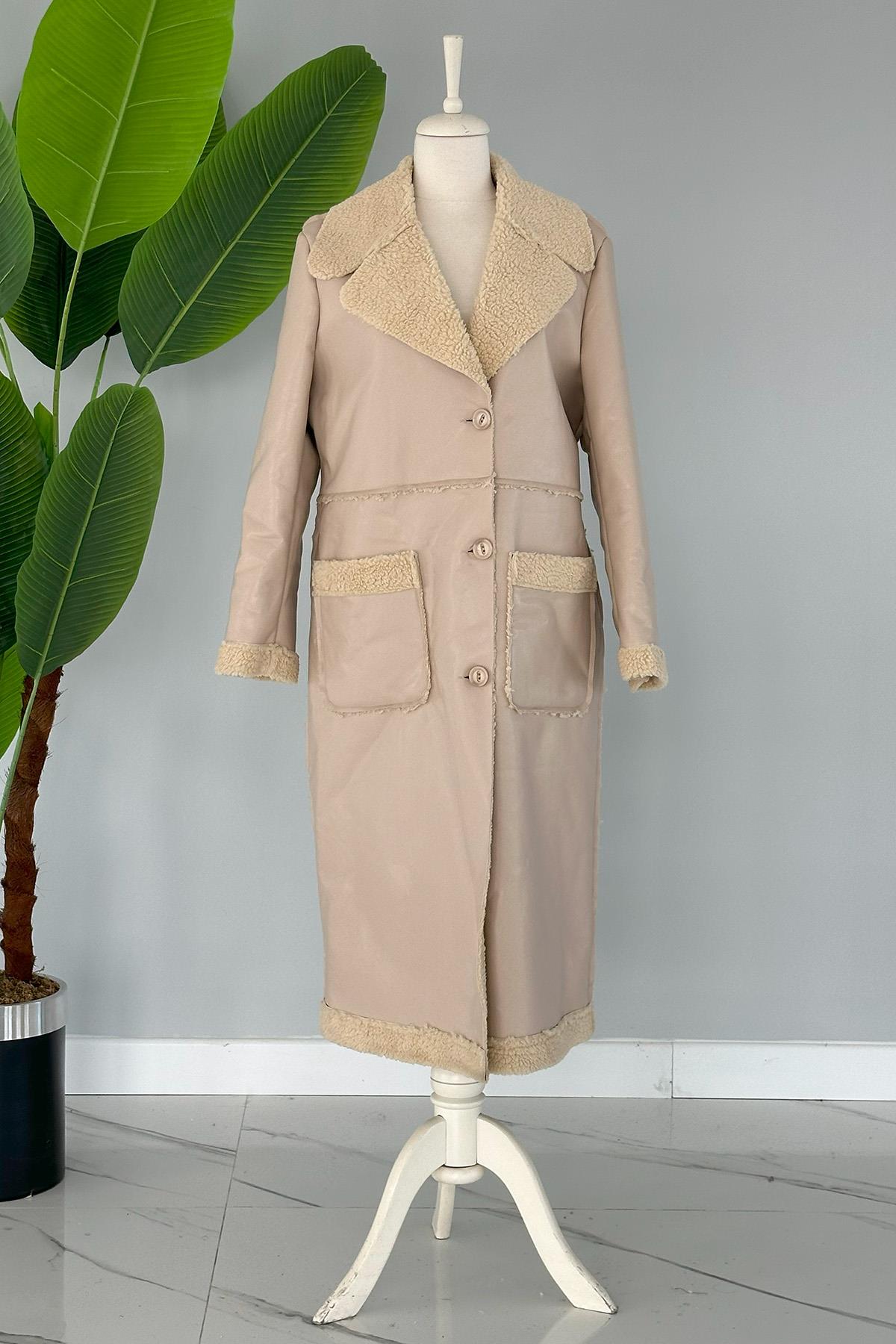 Kürklü Deri Kaban Cep Detaylı 17772 Bej