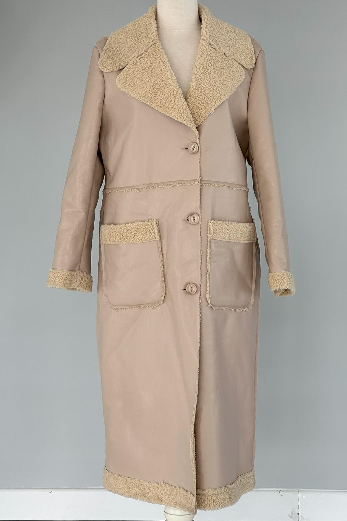 Kürklü Deri Kaban Cep Detaylı 17772 Bej