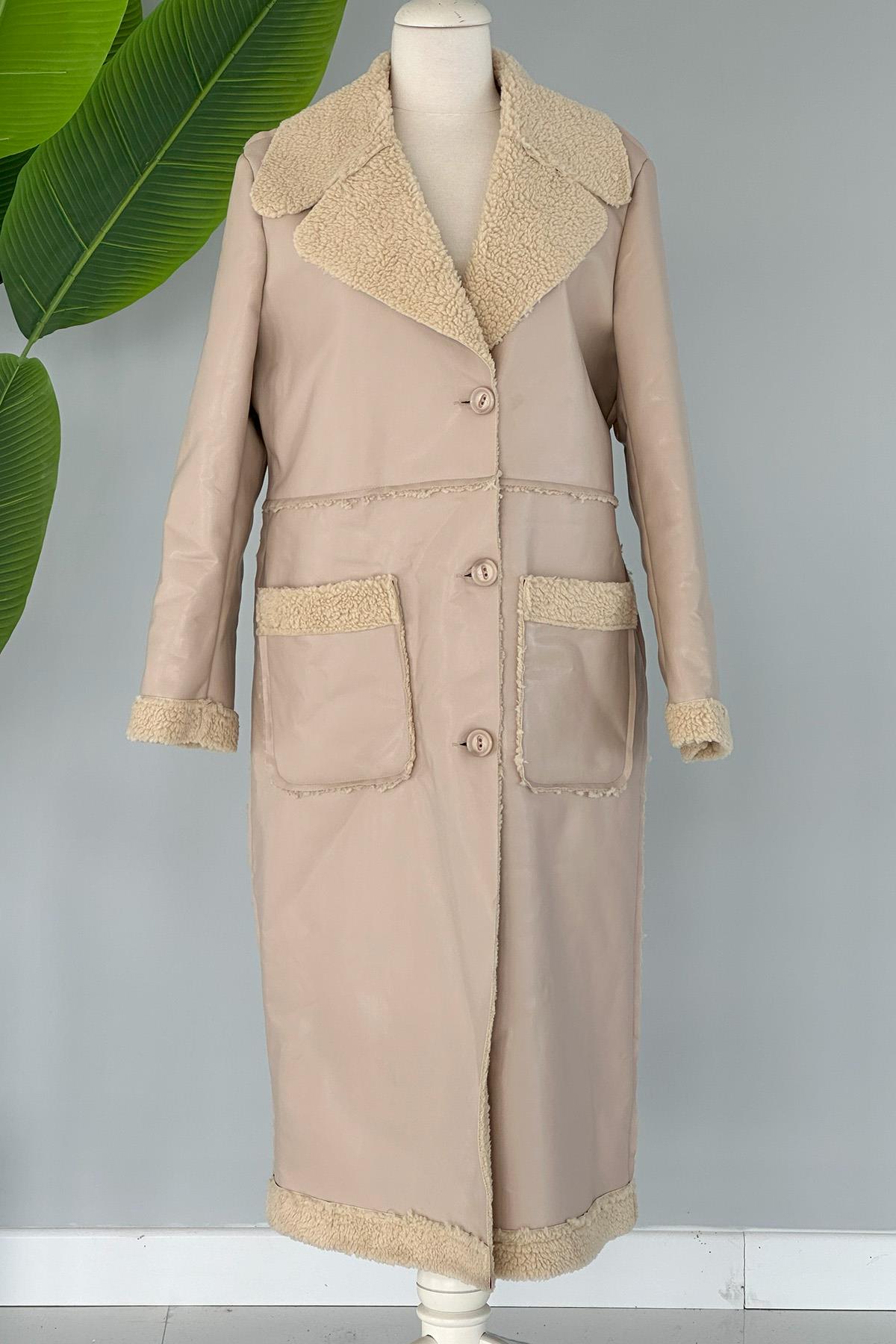 Kürklü Deri Kaban Cep Detaylı 17772 Bej