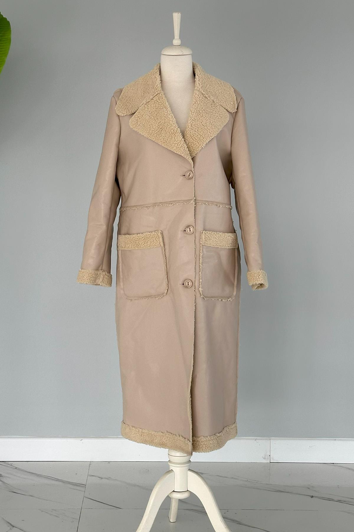 Kürklü Deri Kaban Cep Detaylı 17772 Bej