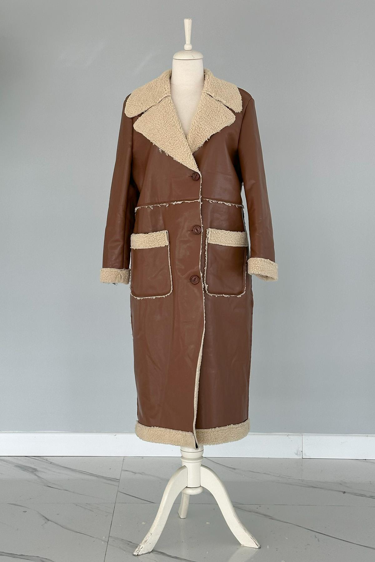 Kürklü Deri Kaban Cep Detaylı 17772 Kahve