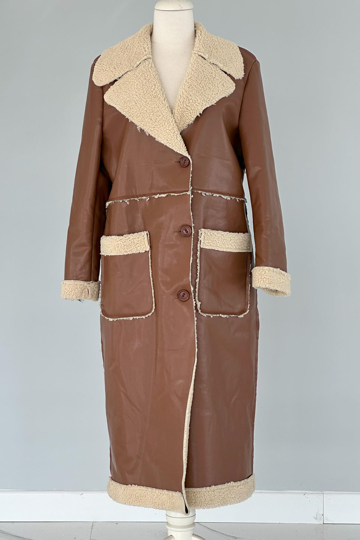 Kürklü Deri Kaban Cep Detaylı 17772 Kahve