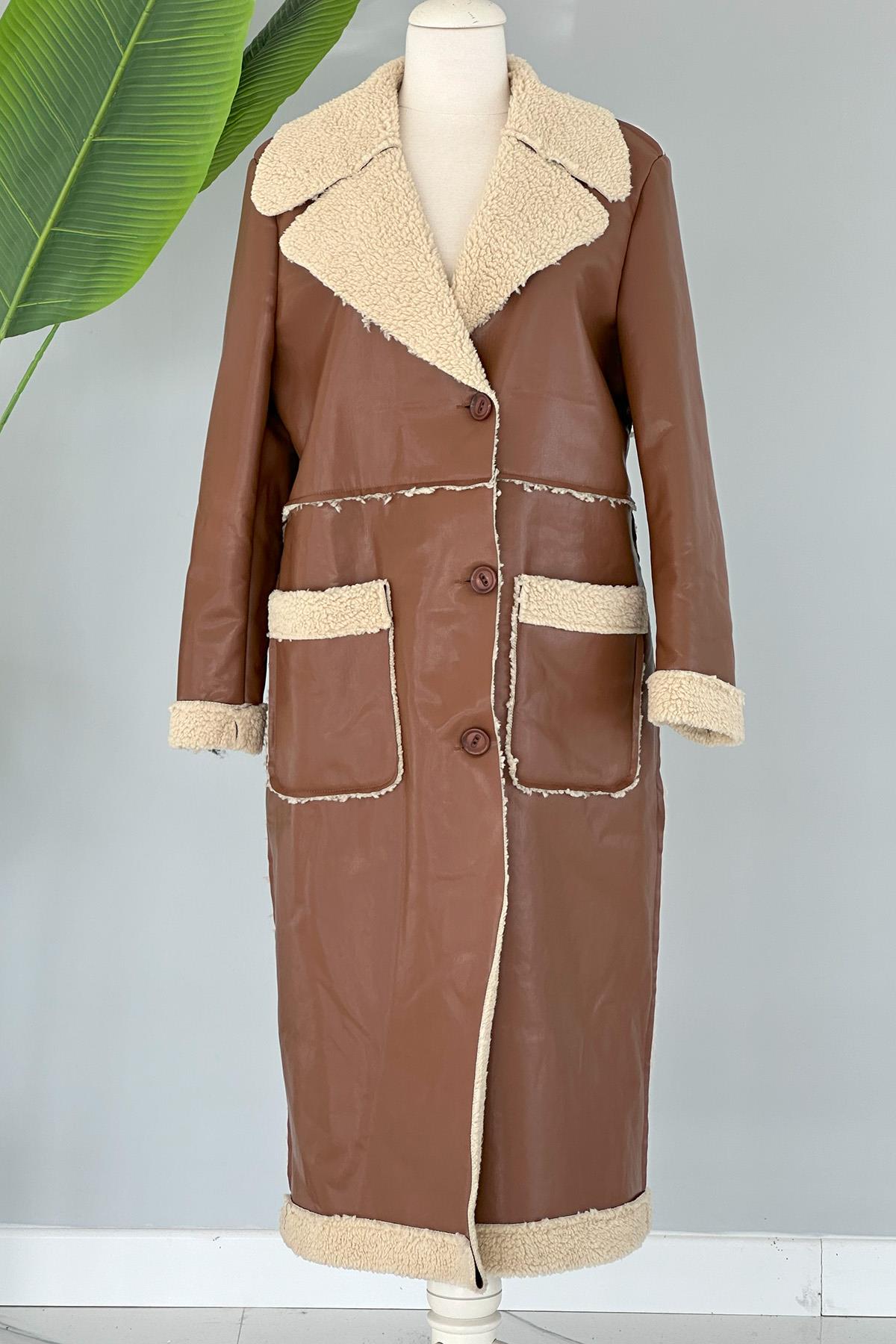 Kürklü Deri Kaban Cep Detaylı 17772 Kahve