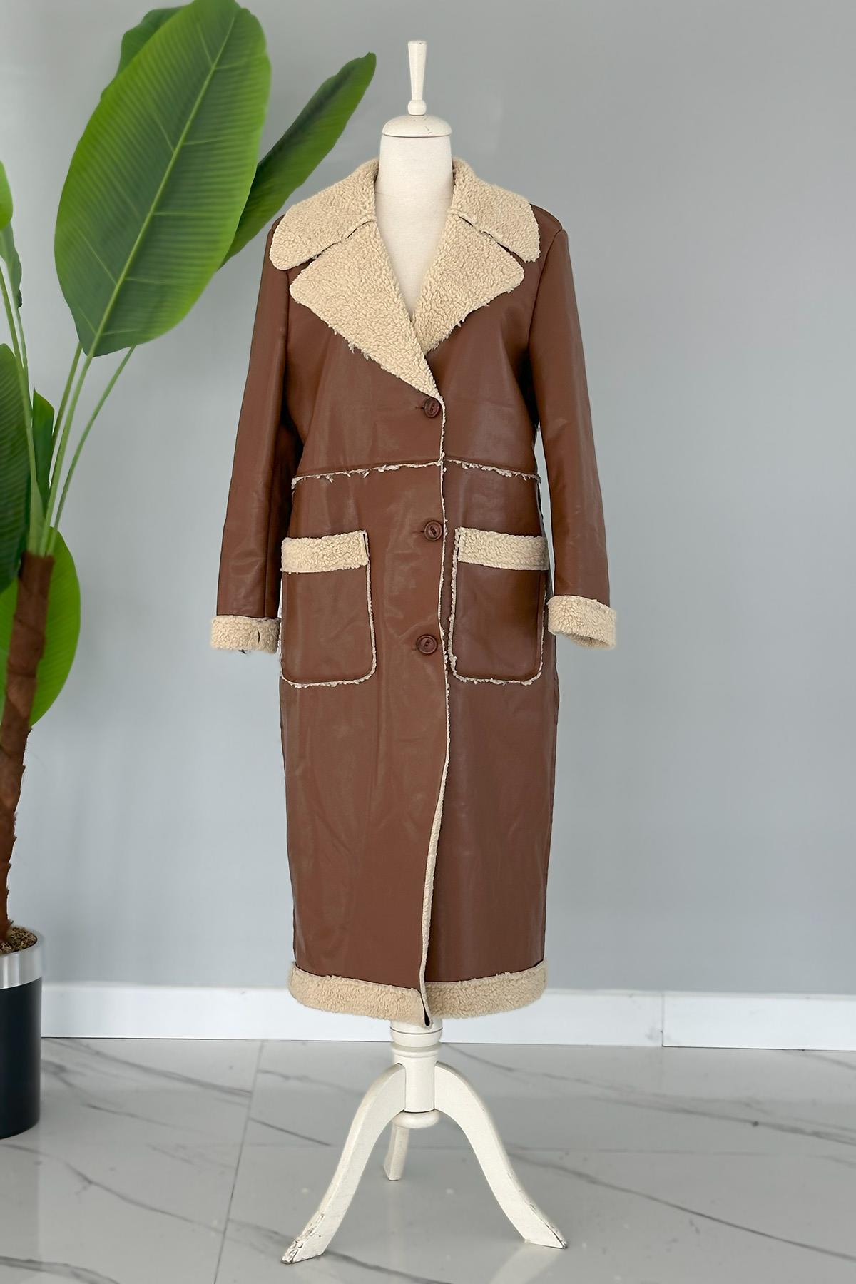 Kürklü Deri Kaban Cep Detaylı 17772 Kahve