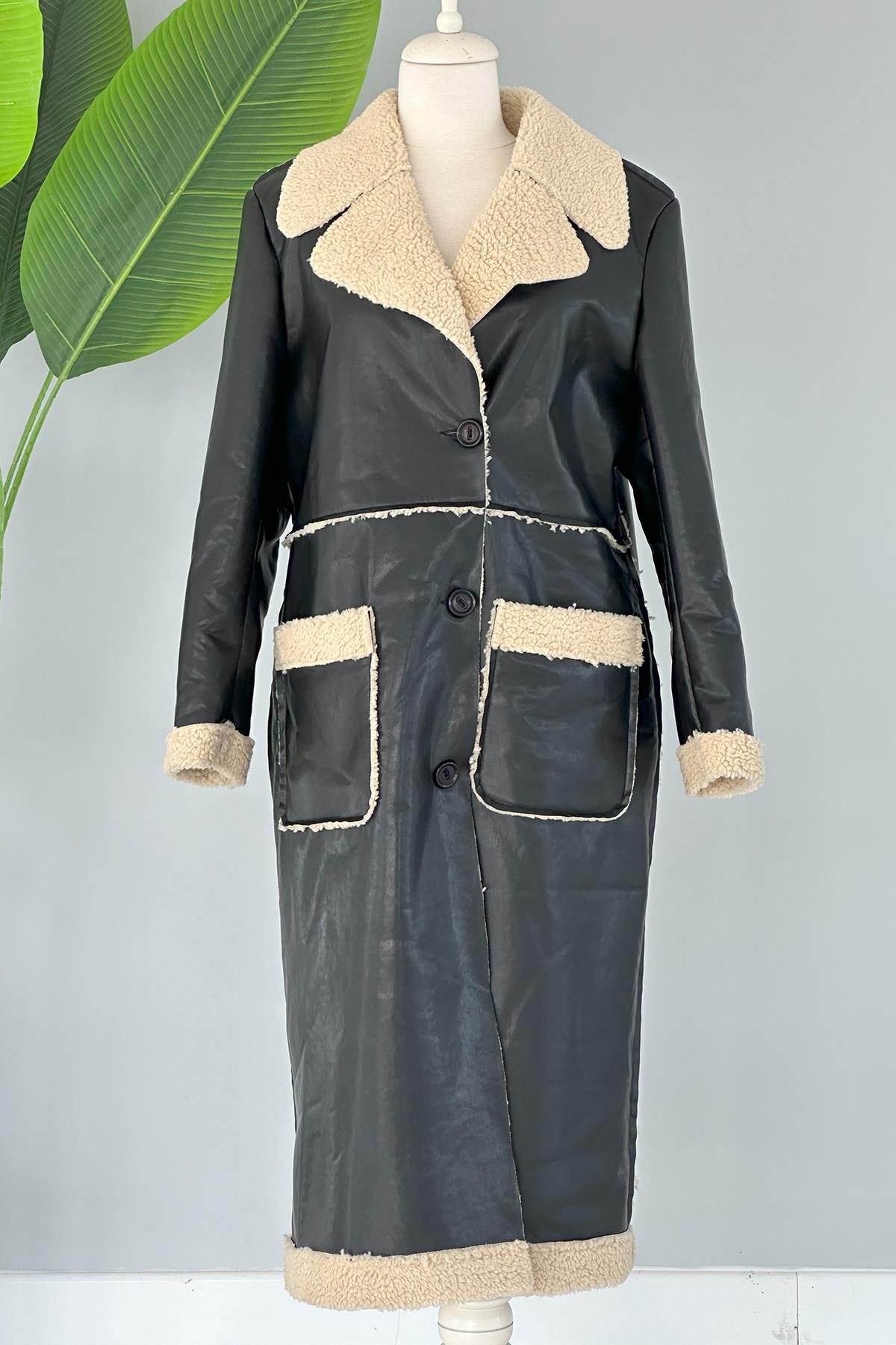 Kürklü Deri Kaban Cep Detaylı 17772 Siyah