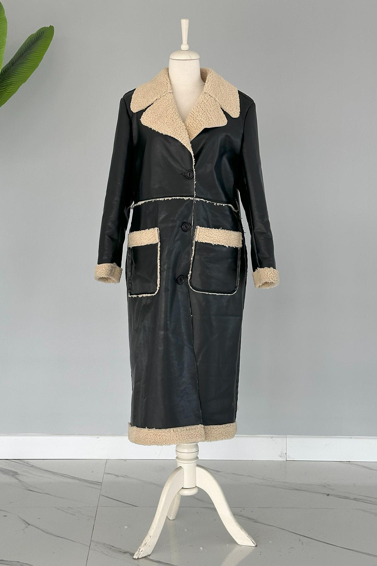 Kürklü Deri Kaban Cep Detaylı 17772 Siyah