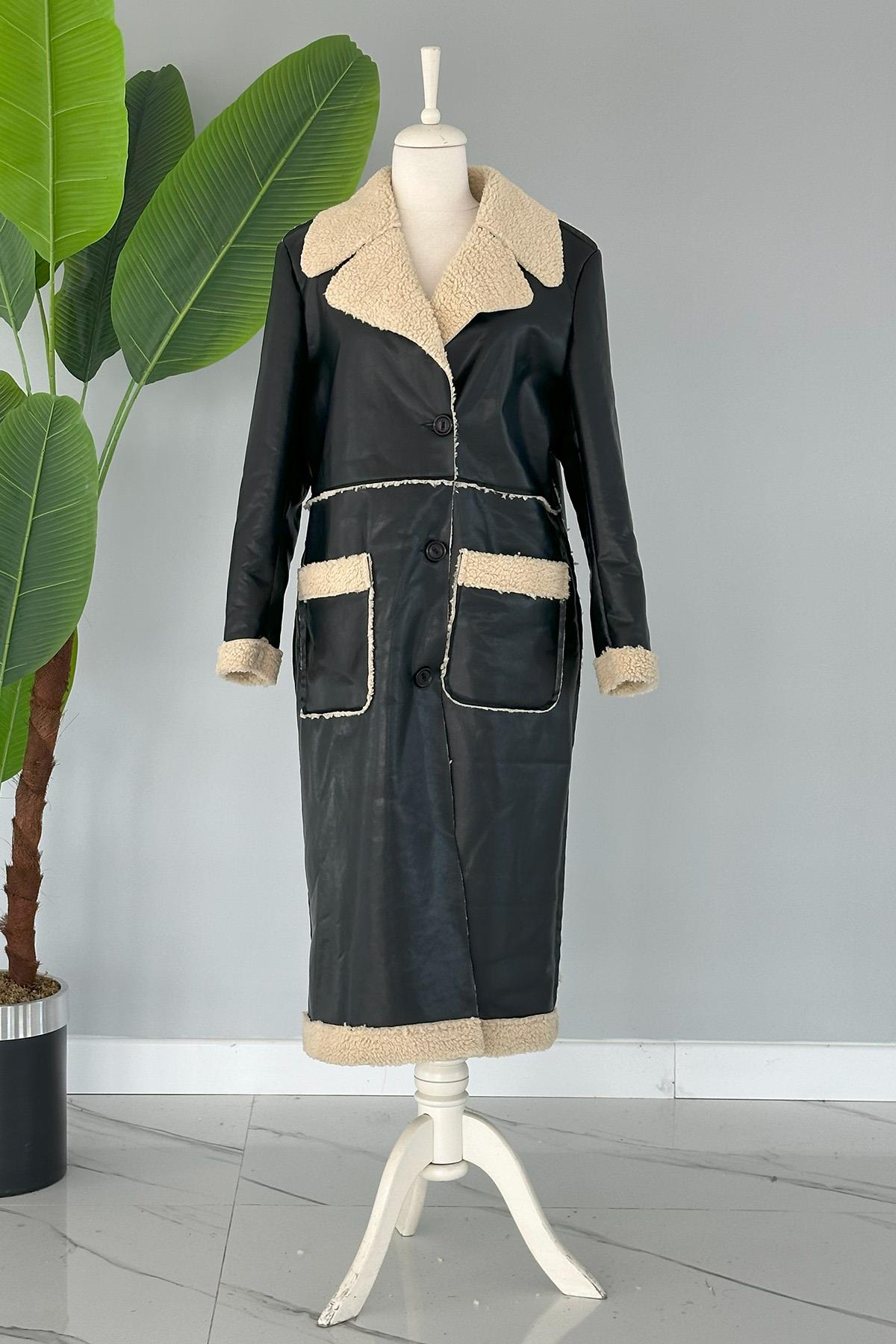 Kürklü Deri Kaban Cep Detaylı 17772 Siyah