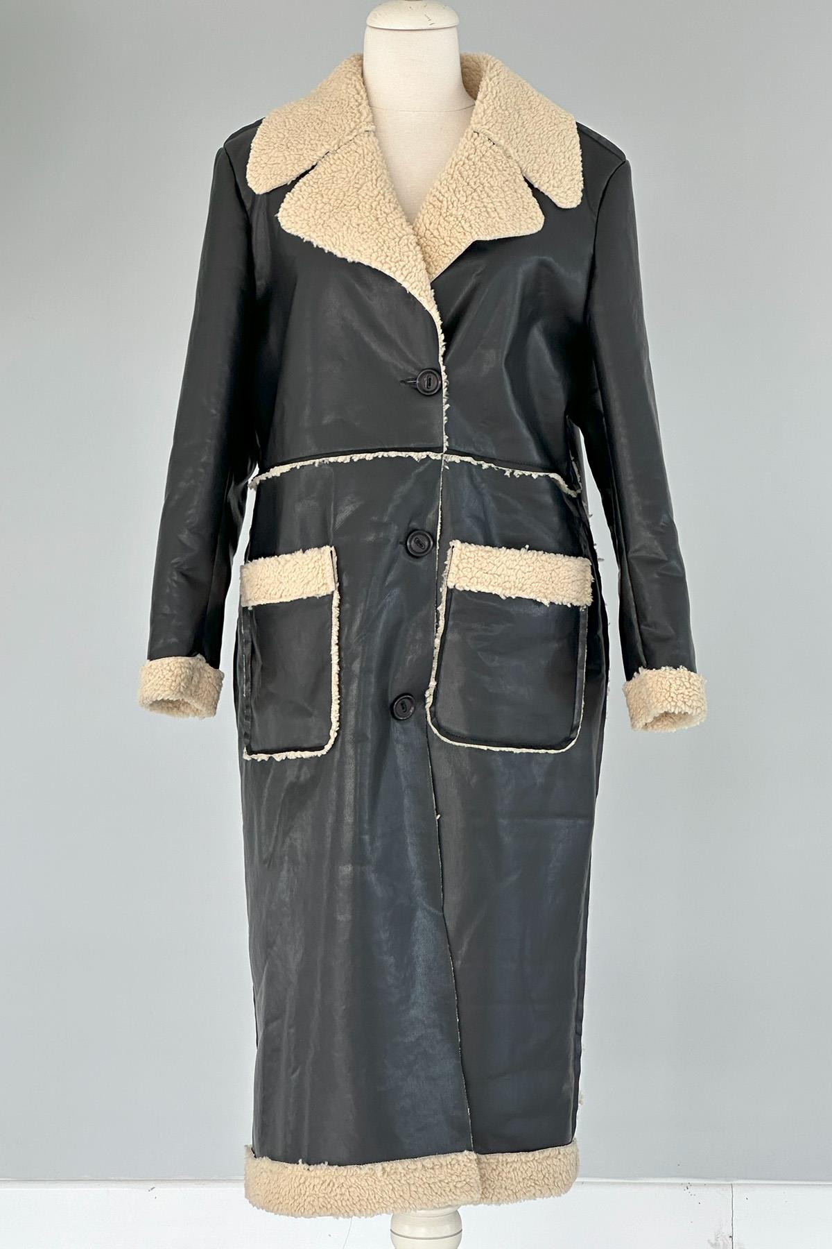 Kürklü Deri Kaban Cep Detaylı 17772 Siyah