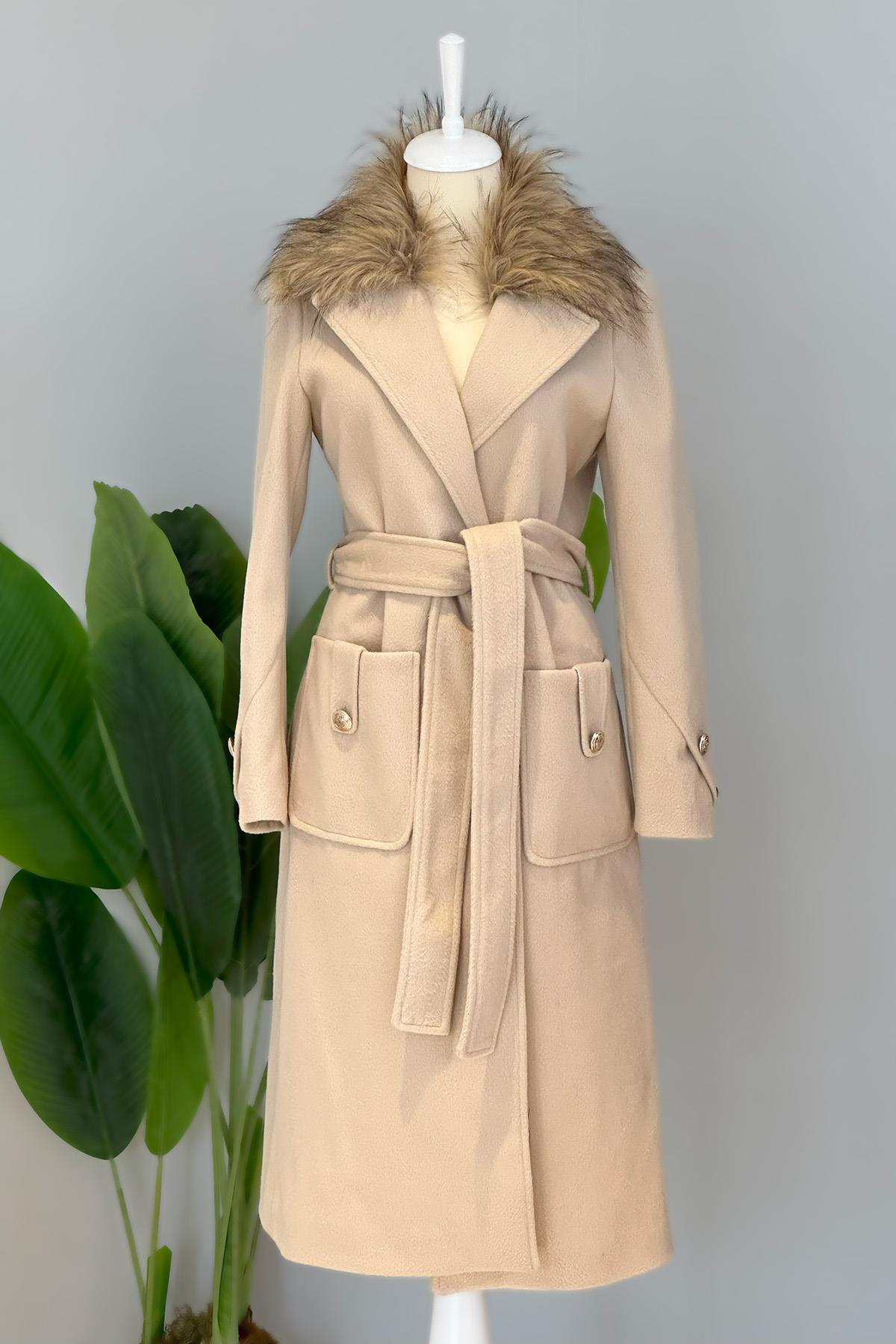 Kürklü Düğme Detaylı Kaban 17774 Bej