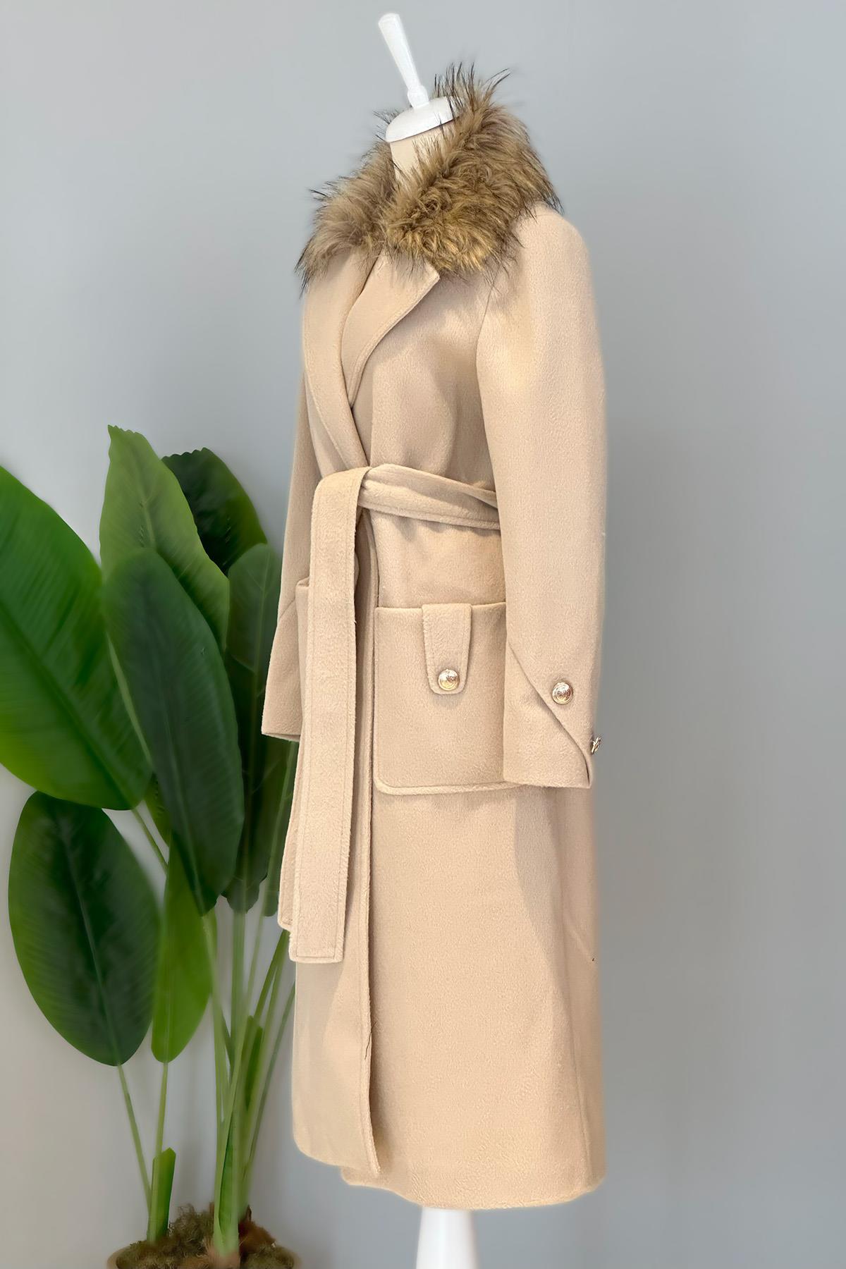 Kürklü Düğme Detaylı Kaban 17774 Bej